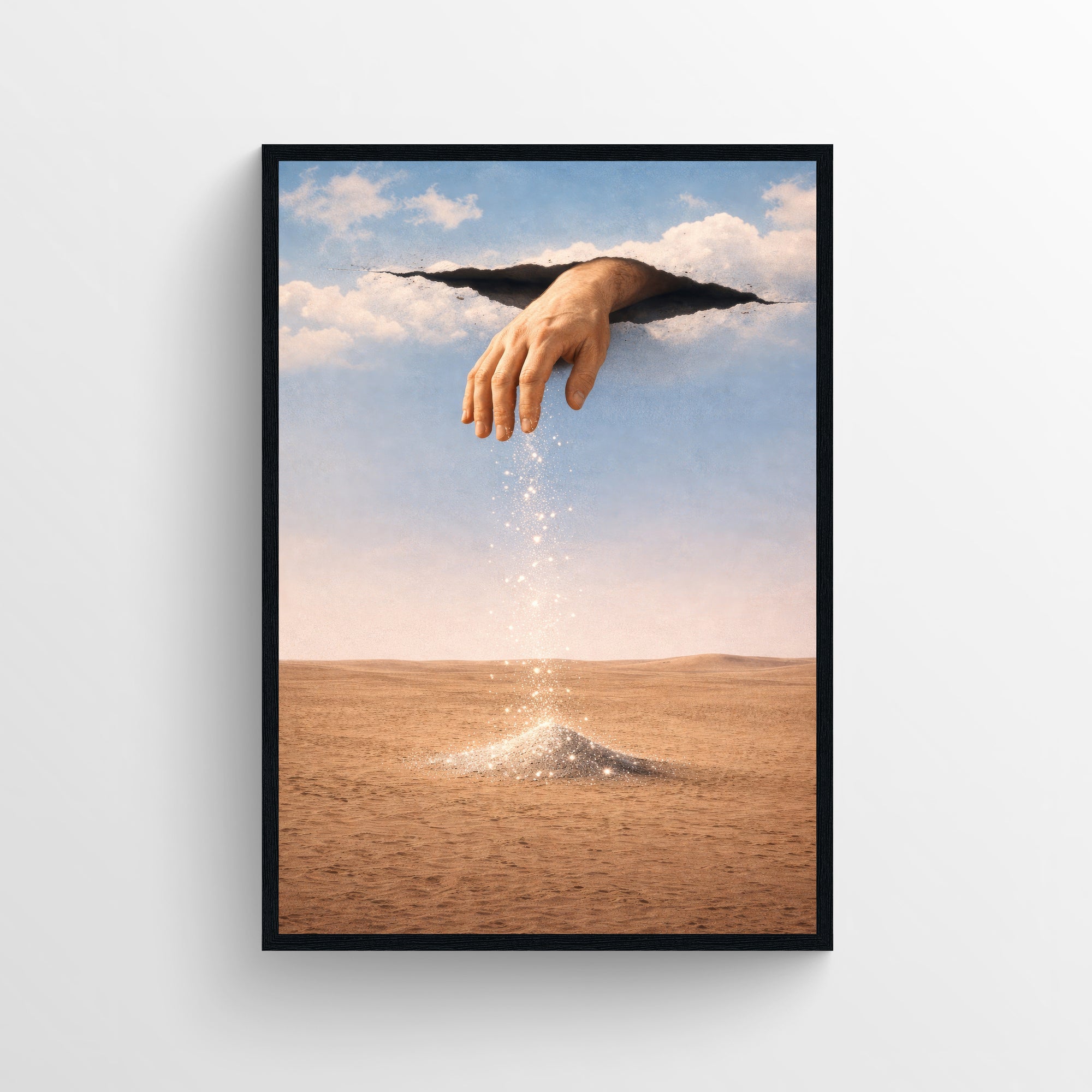 Surreal trippy wall poster featuring a hand emerging from the sky sprinkling light over a desert landscape — modern aesthetic room decor for college rooms, apartments, and creative studios by CollegeWares.