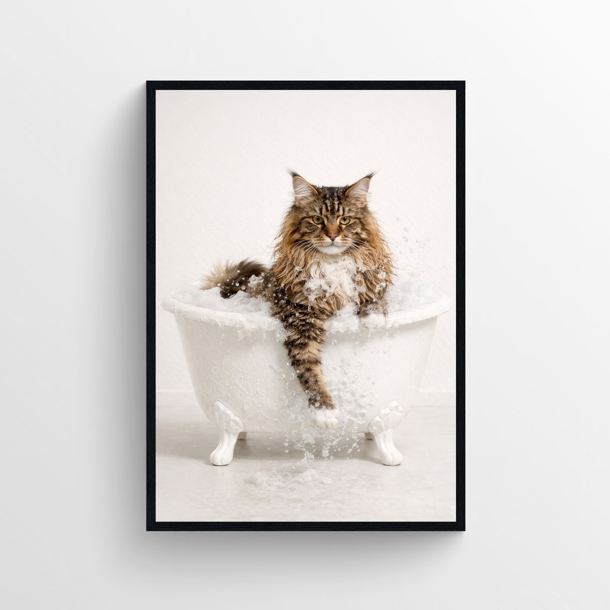Large-format bathroom wall art depicting a photorealistic Maine Coon cat sitting in a clawfoot bathtub with water splashing — minimalist animal wall print and funny bathroom poster for apartments and guest baths from CollegeWares.