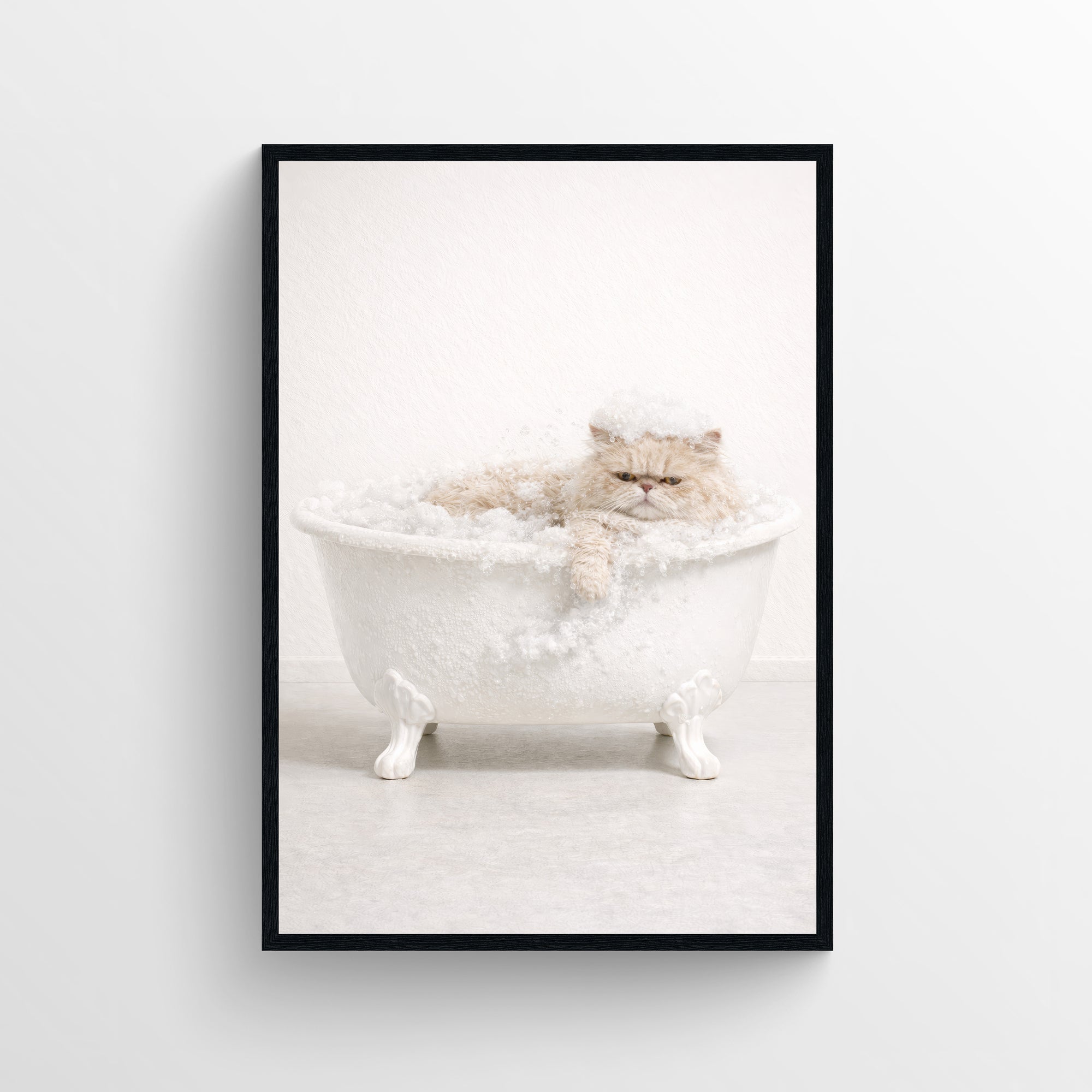Photorealistic Persian cat soaking in a clawfoot bathtub filled with white bubbles, paw hanging over the tub edge — minimalist animal bath wall art with subtle humor for bathrooms and guest spaces.