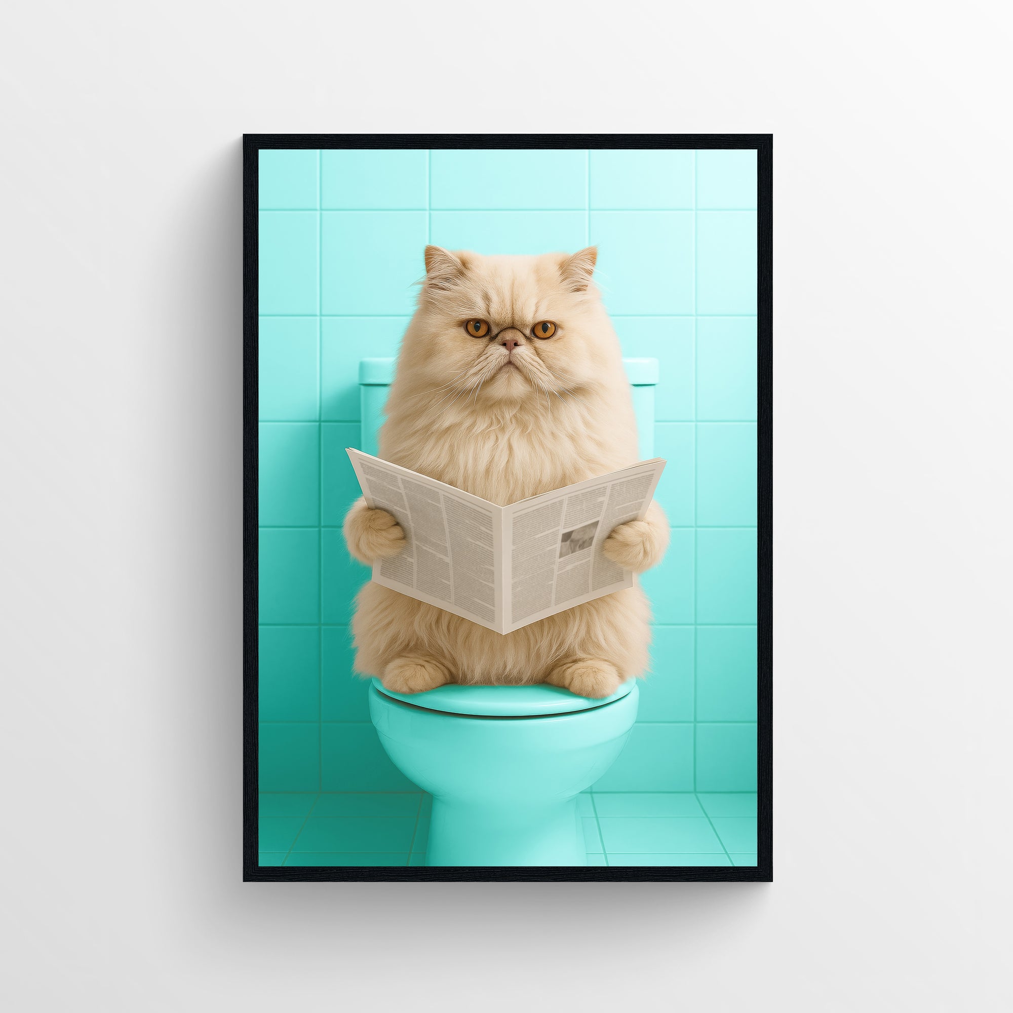 Turquoise bathroom scene featuring a photorealistic Persian cat seated on a toilet while reading a newspaper — minimalist animal wall art and funny bathroom decor for apartments and guest bathrooms from CollegeWares.