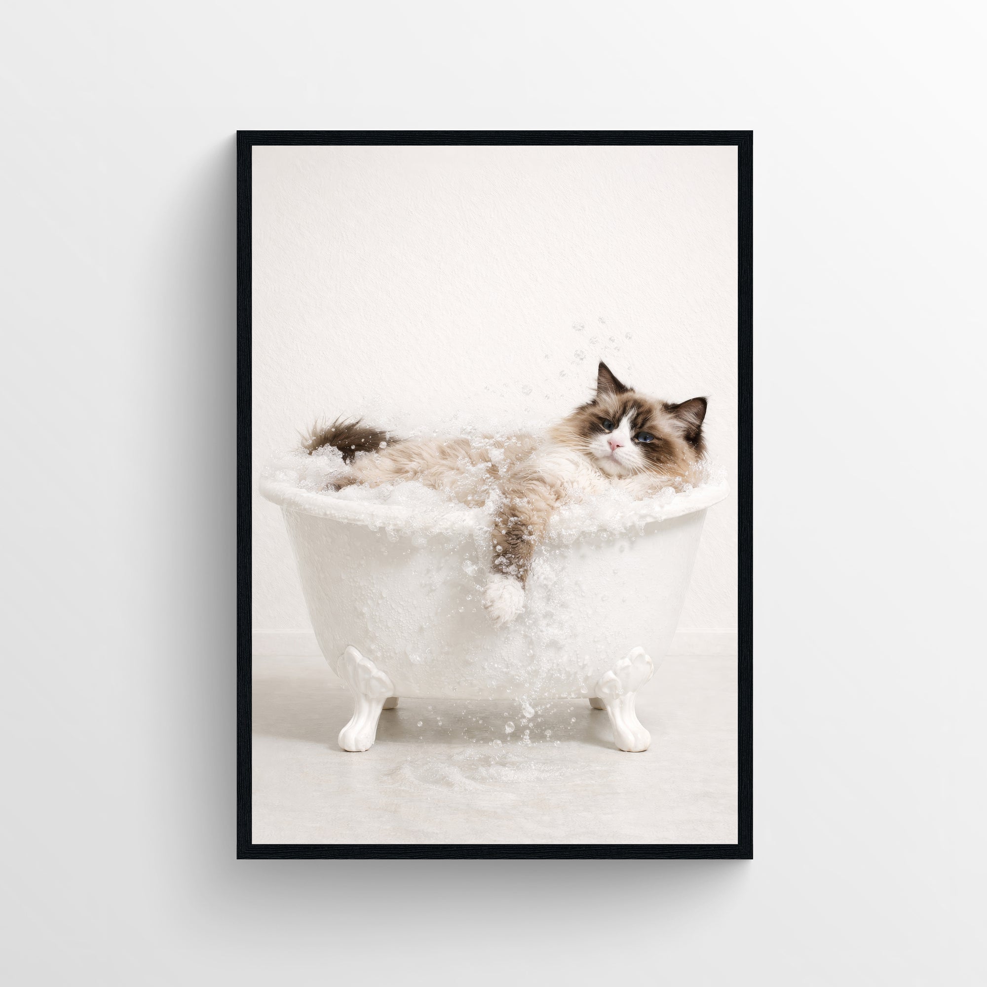 Photorealistic Ragdoll cat sprawled in a bubble-filled clawfoot bathtub, paw draped over the edge — humorous animal bath wall art with a calm, sarcastic tone for modern bathrooms.