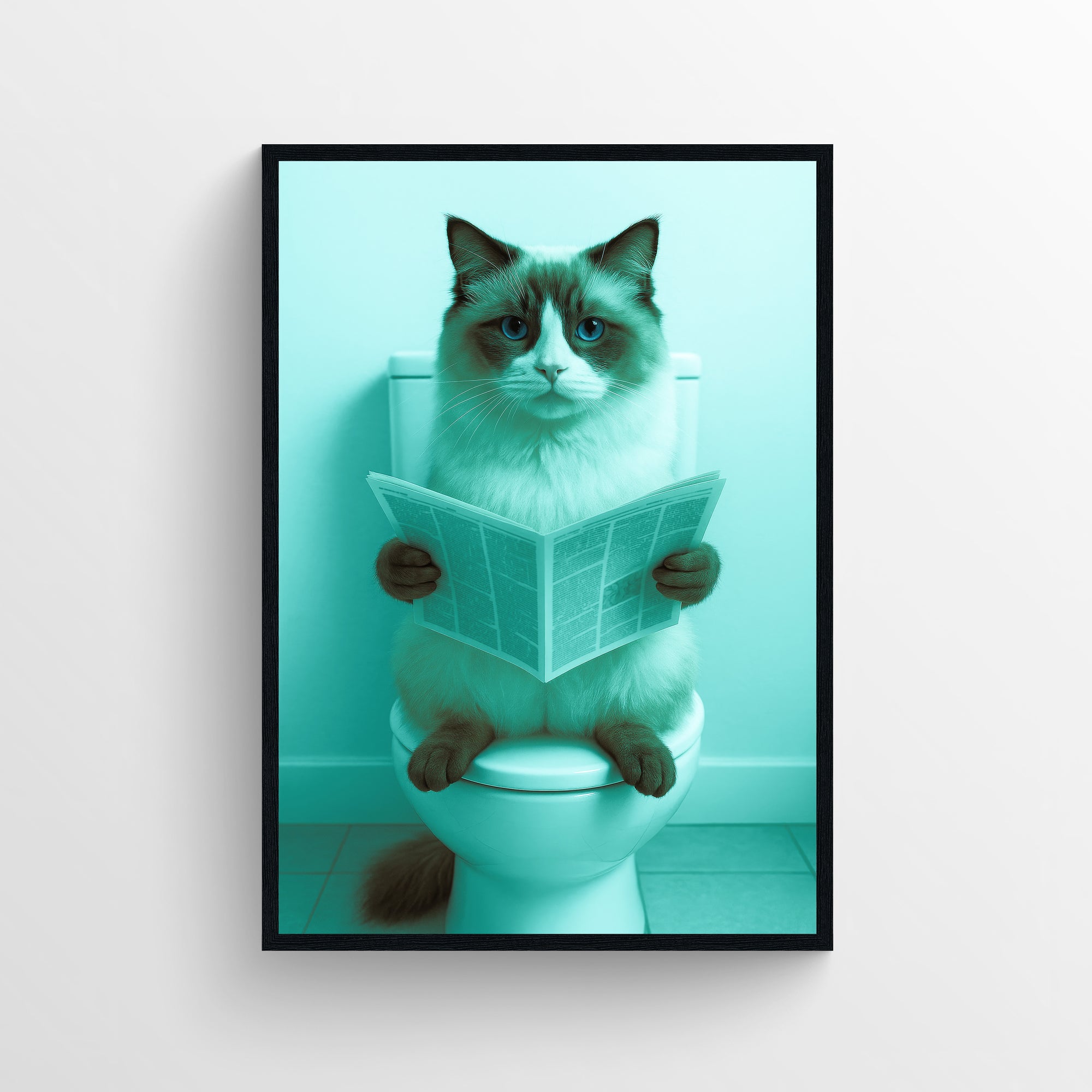 Photorealistic Ragdoll cat seated on a toilet reading a newspaper in a turquoise bathroom, minimalist animal toilet wall art with dry humor for modern bathrooms and apartments.