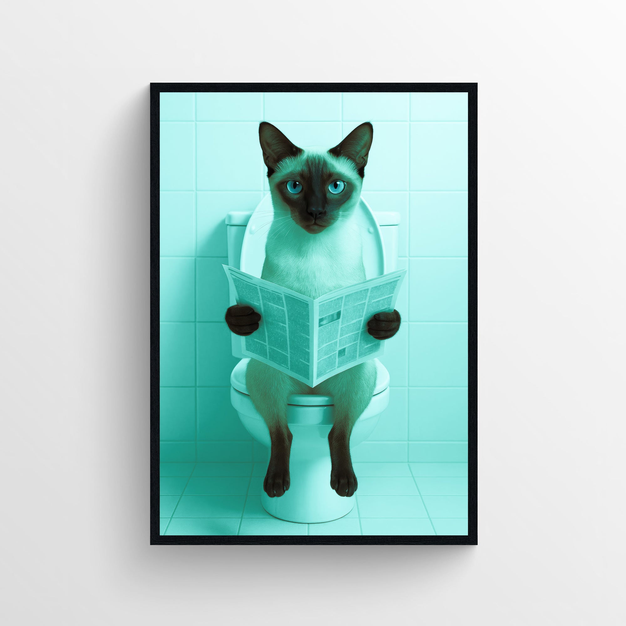 Photorealistic Siamese cat sitting on a toilet reading a newspaper in a turquoise tiled bathroom, minimalist animal toilet wall art with intense eye contact and dry humor.