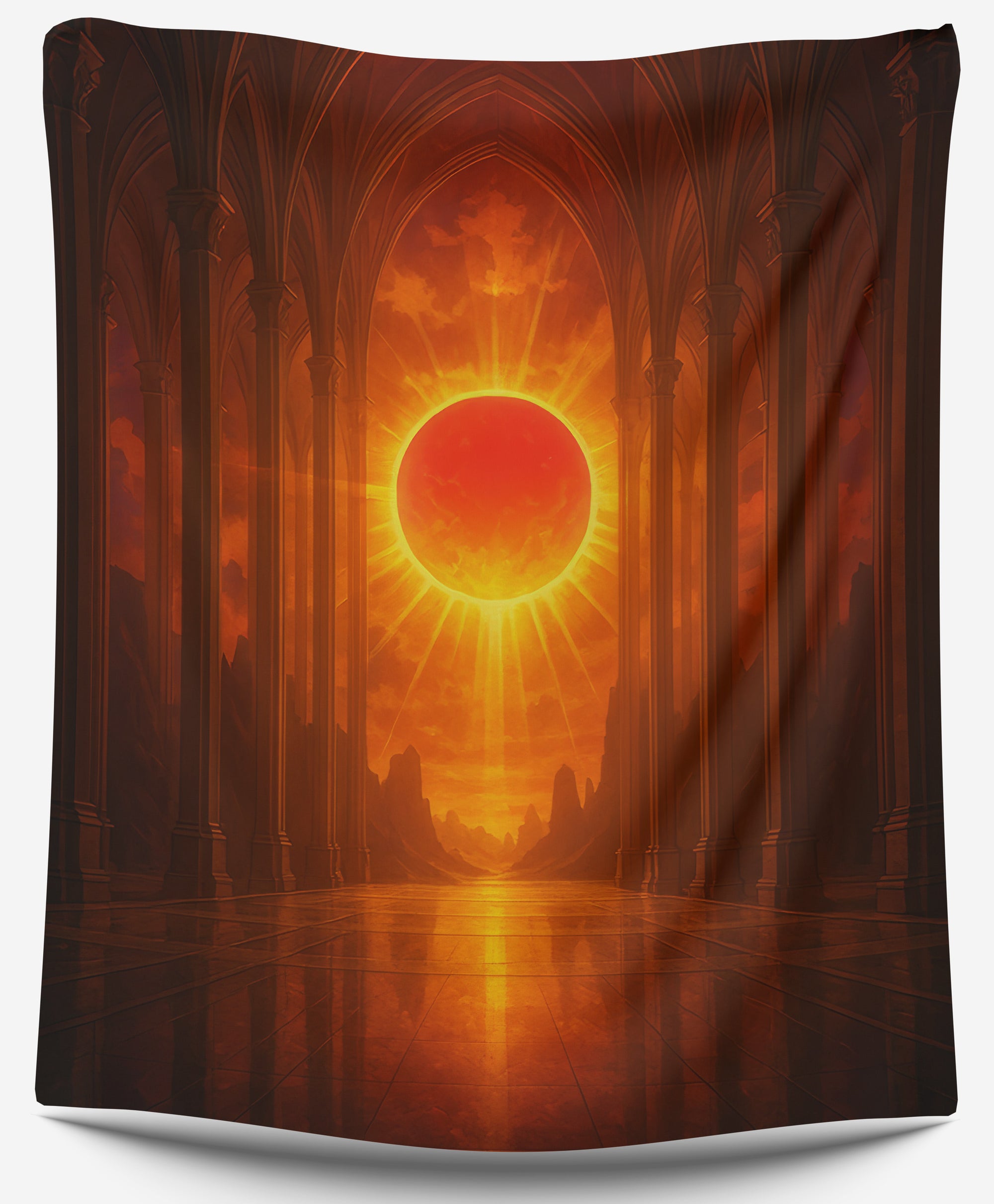 Radiant sun shining through gothic cathedral arches in warm orange light, perfect fantasy dorm tapestry or celestial wall decor by CollegeWares.