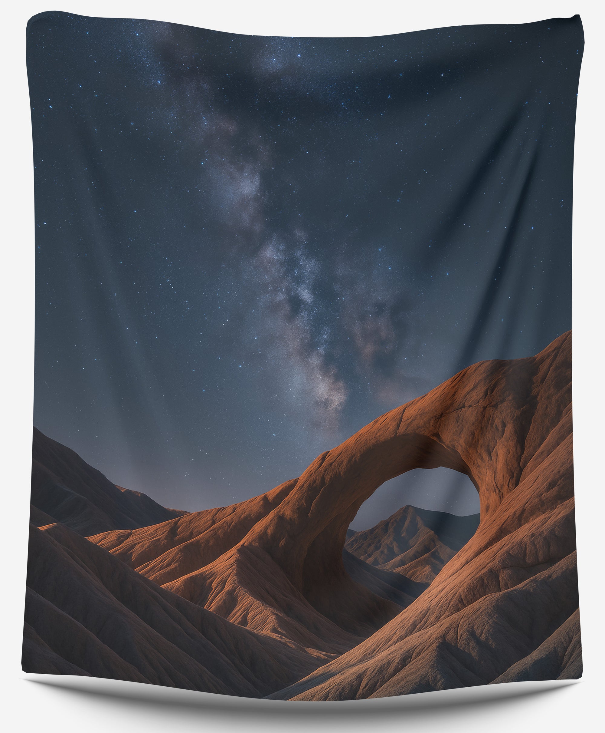 Desert arch rock under Milky Way night sky tapestry, celestial landscape wall art by CollegeWares.