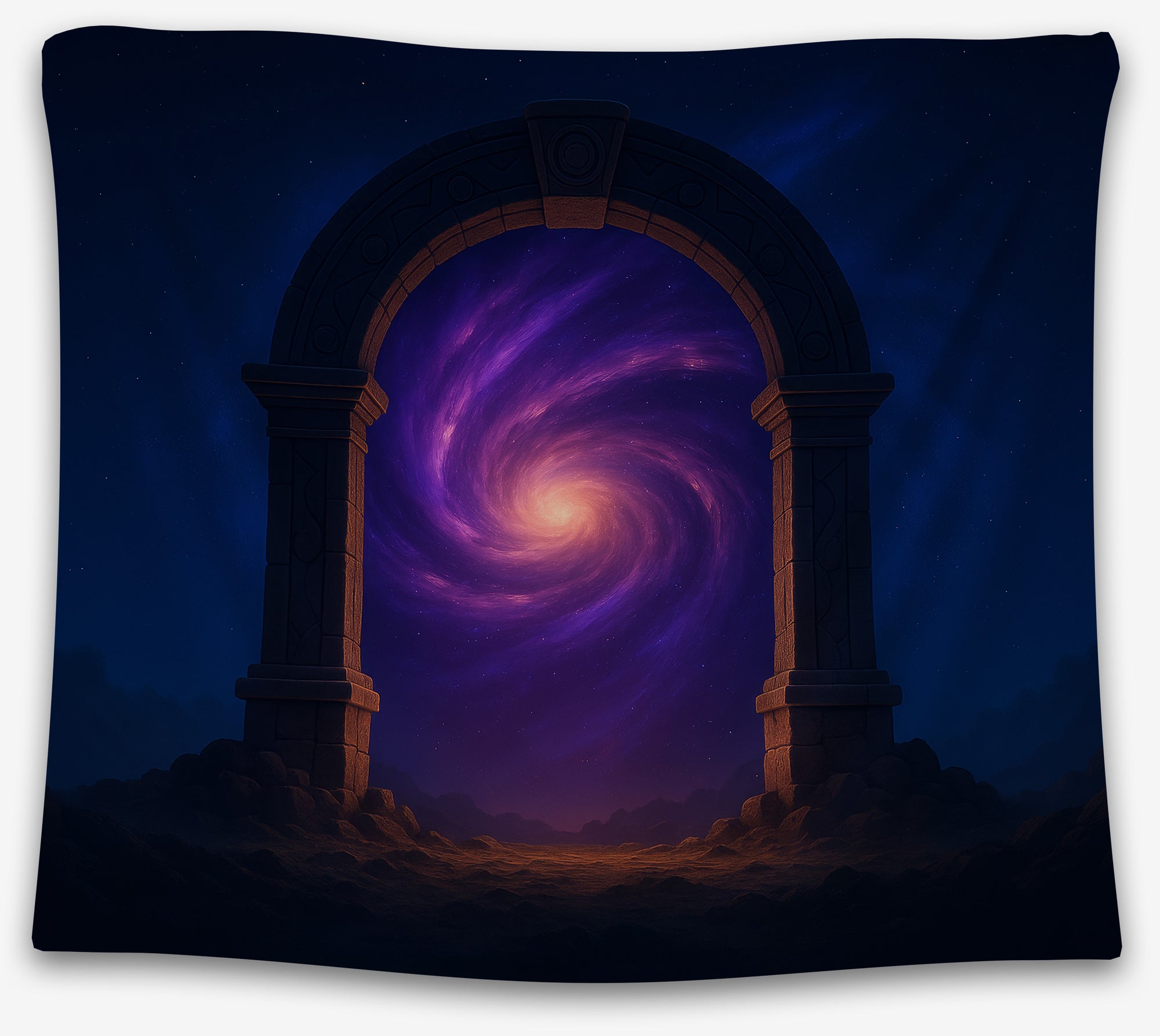 Purple galaxy tapestry with glowing spiral inside stone arch portal, cosmic fantasy wall hanging for dorm or home decor by CollegeWares.