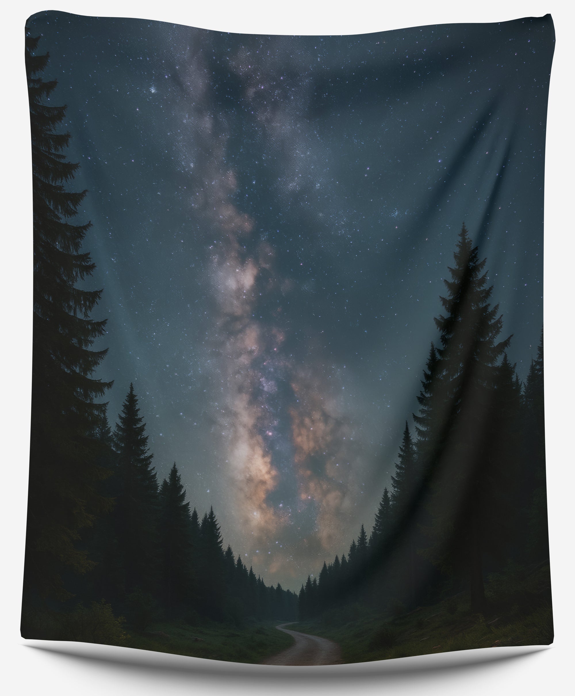 Milky Way forest road tapestry with pine trees and starry night sky, galaxy wall hanging for dorm or bedroom decor by CollegeWares.