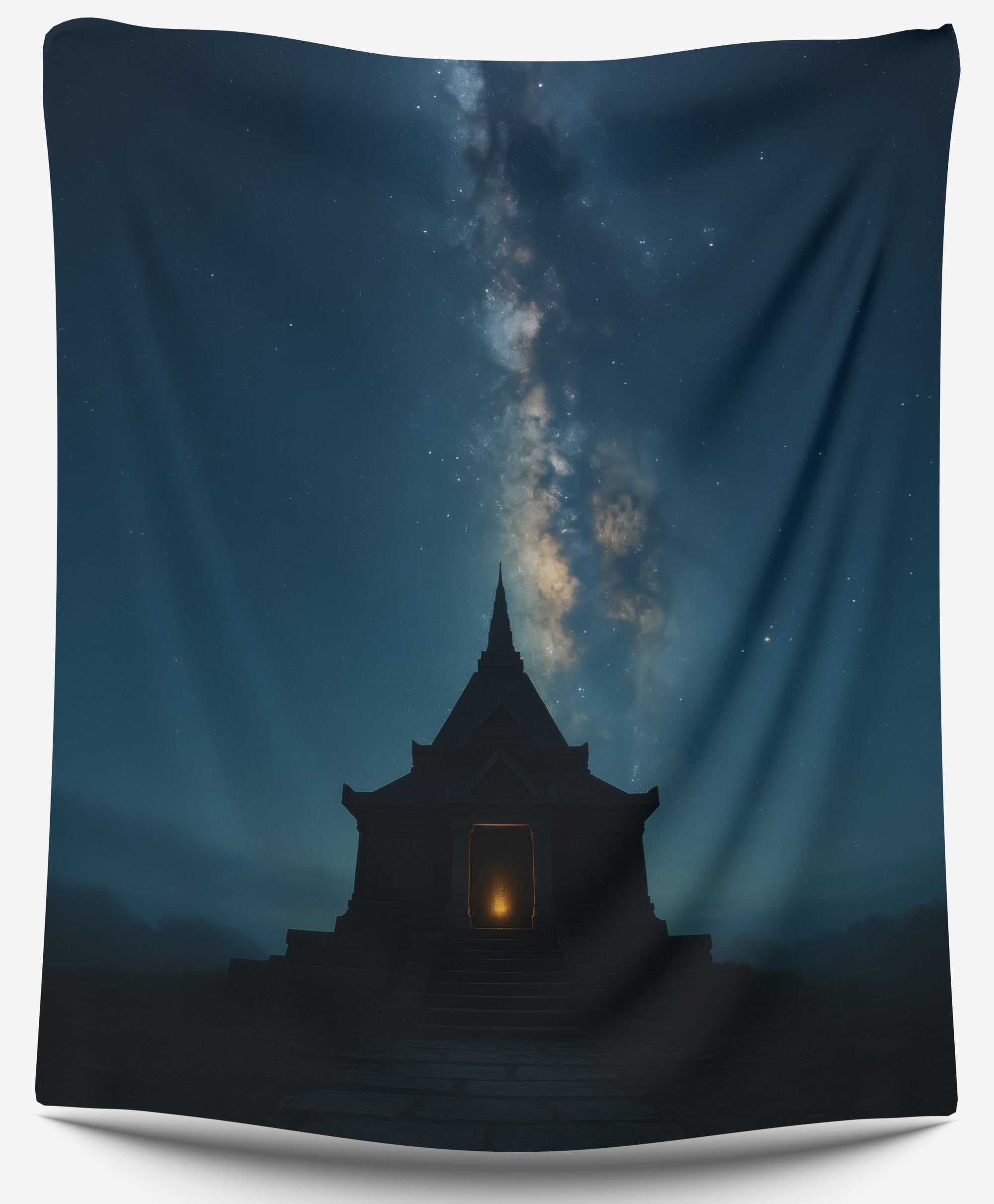 Dark temple silhouette under Milky Way night sky with glowing doorway, perfect galaxy dorm tapestry or celestial room decor by CollegeWares.