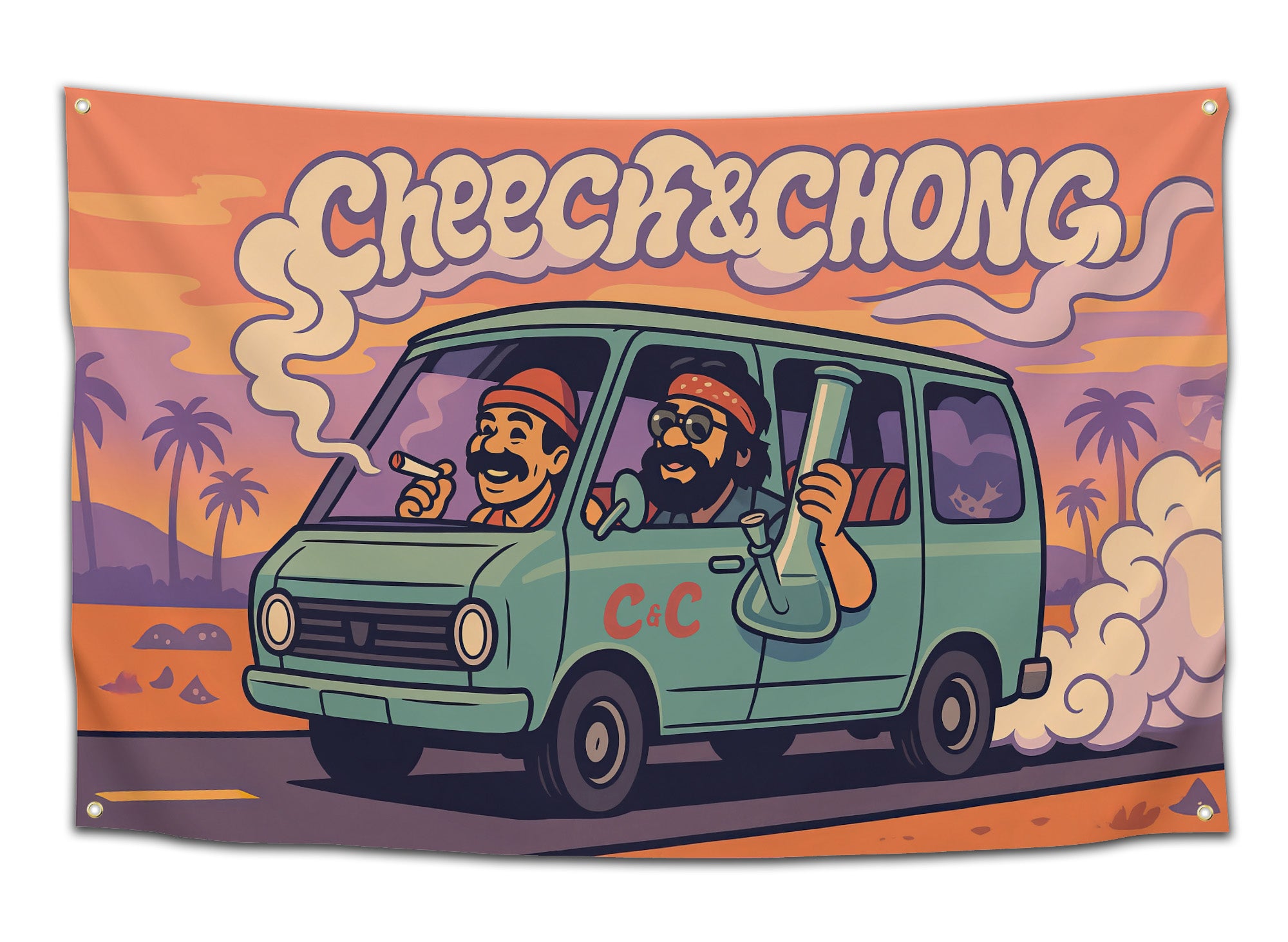 Cartoon van illustration of Cheech & Chong driving through a desert sunset with palm trees and smoke — nostalgic road-trip stoner flag by CollegeWares.