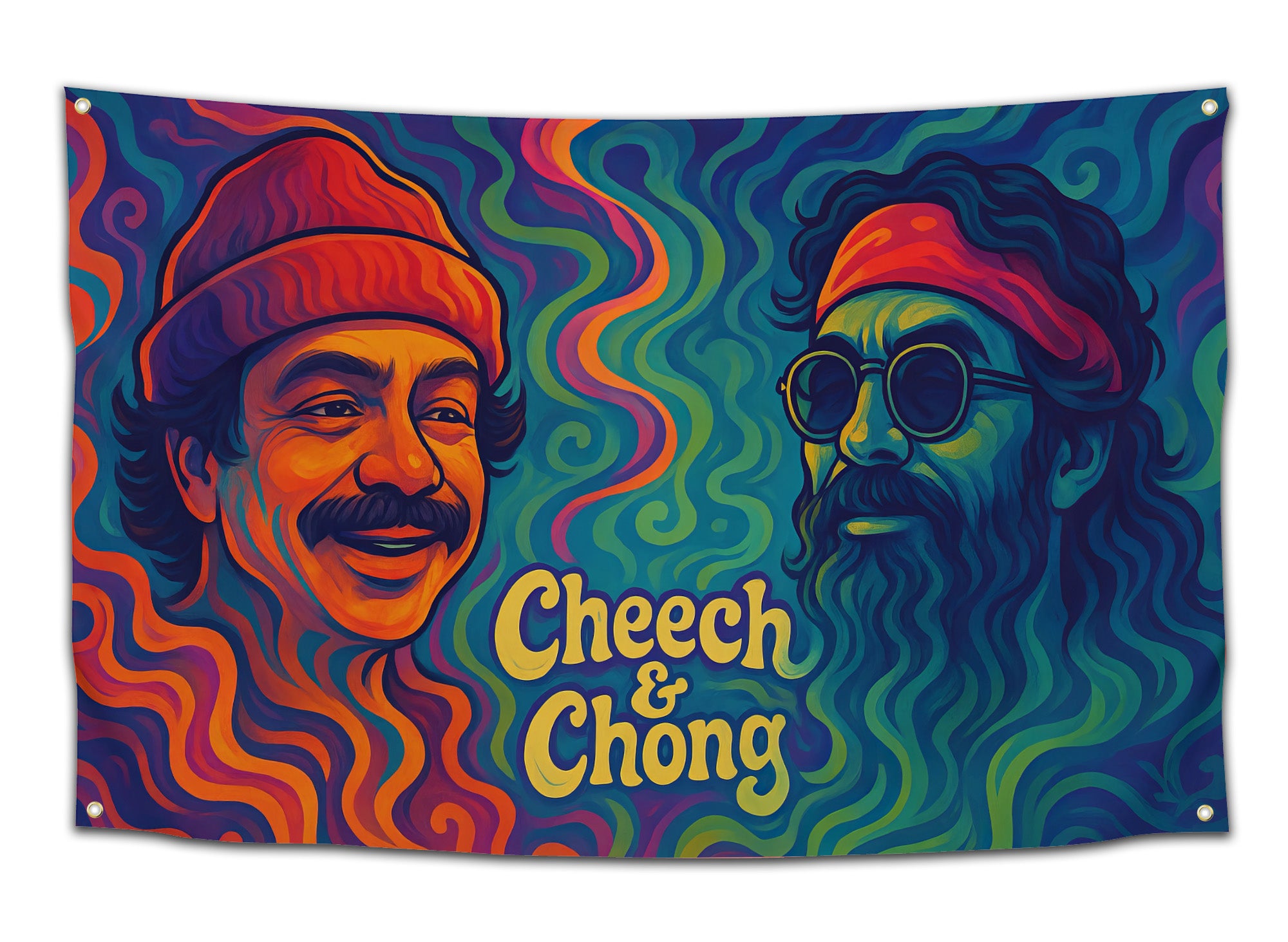 Trippy Cheech & Chong flag with swirling neon colors and wavy smoke pattern — psychedelic stoner art wall tapestry by CollegeWares.