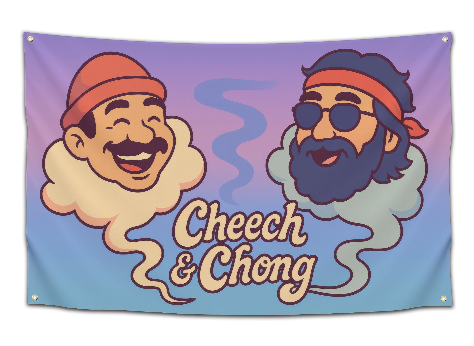 Funny Cheech & Chong flag with cartoon heads forming from smoke clouds on a purple and blue gradient background — playful stoner art tapestry by CollegeWares.