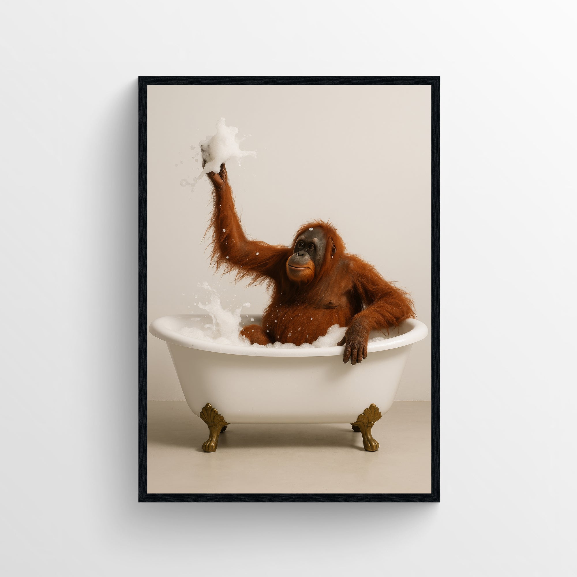 Photorealistic orangutan relaxing in a white clawfoot bathtub, arm raised holding soap bubbles — humorous animal bath wall art for modern bathrooms, guest baths, and eclectic home decor.