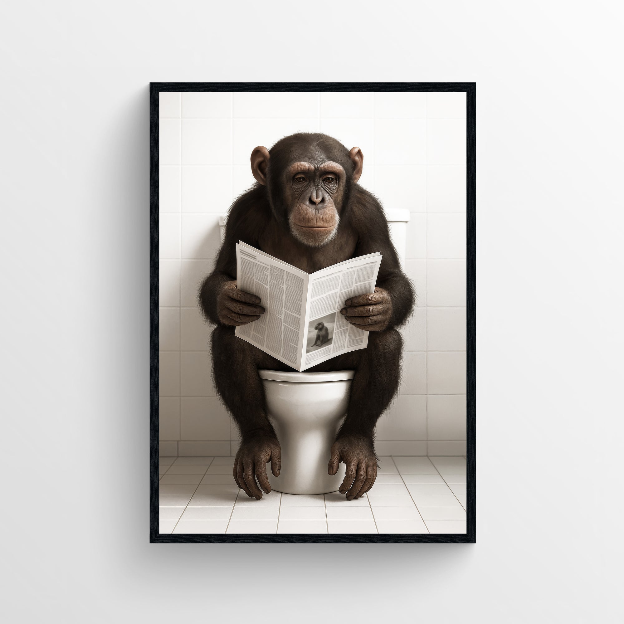 Photorealistic chimpanzee sitting on a toilet reading a newspaper in a white tiled bathroom — minimalist animal toilet wall art with dry, understated humor.