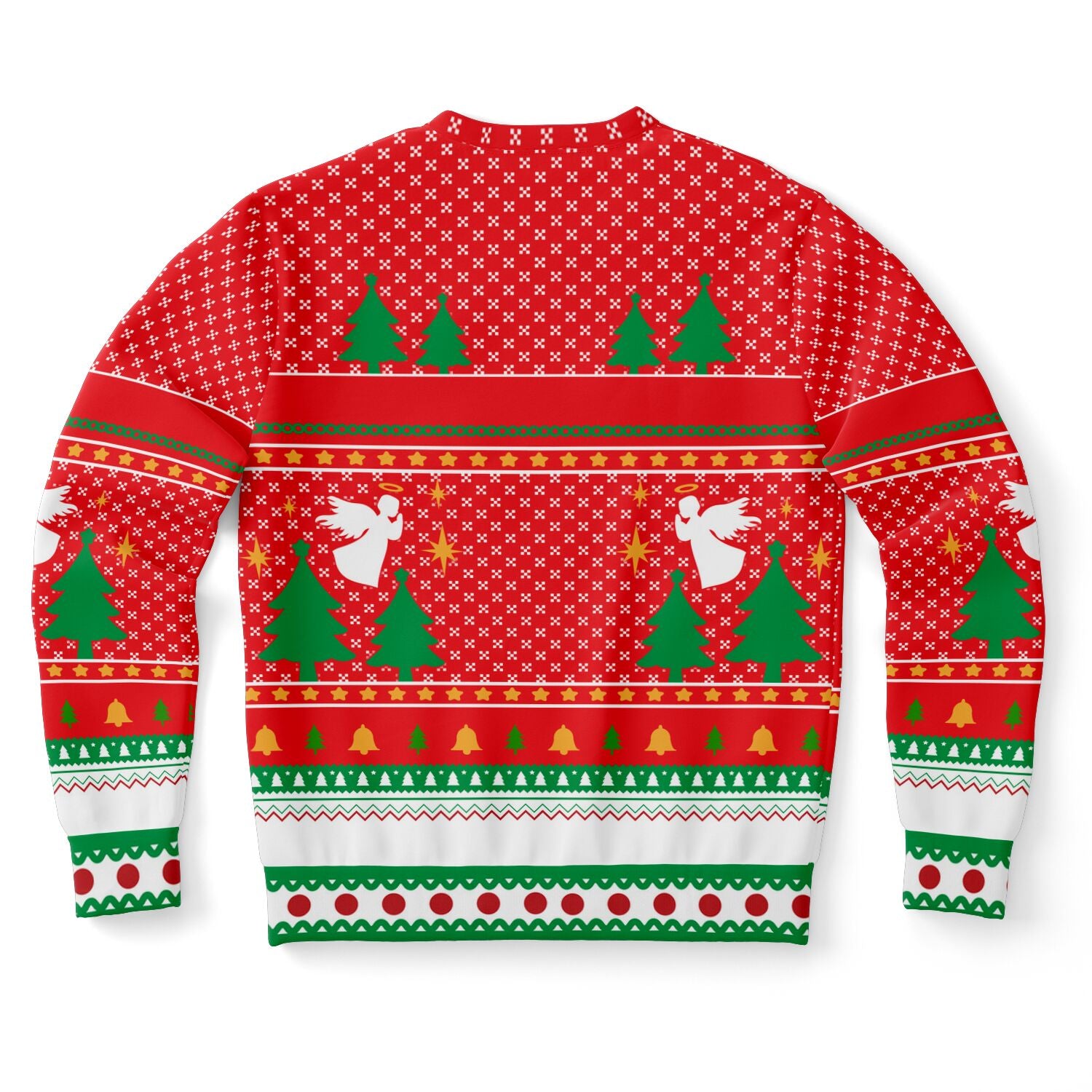 Back view of red holiday sweater with Christmas trees, angels, and star pattern — festive beer-themed design from CollegeWares.