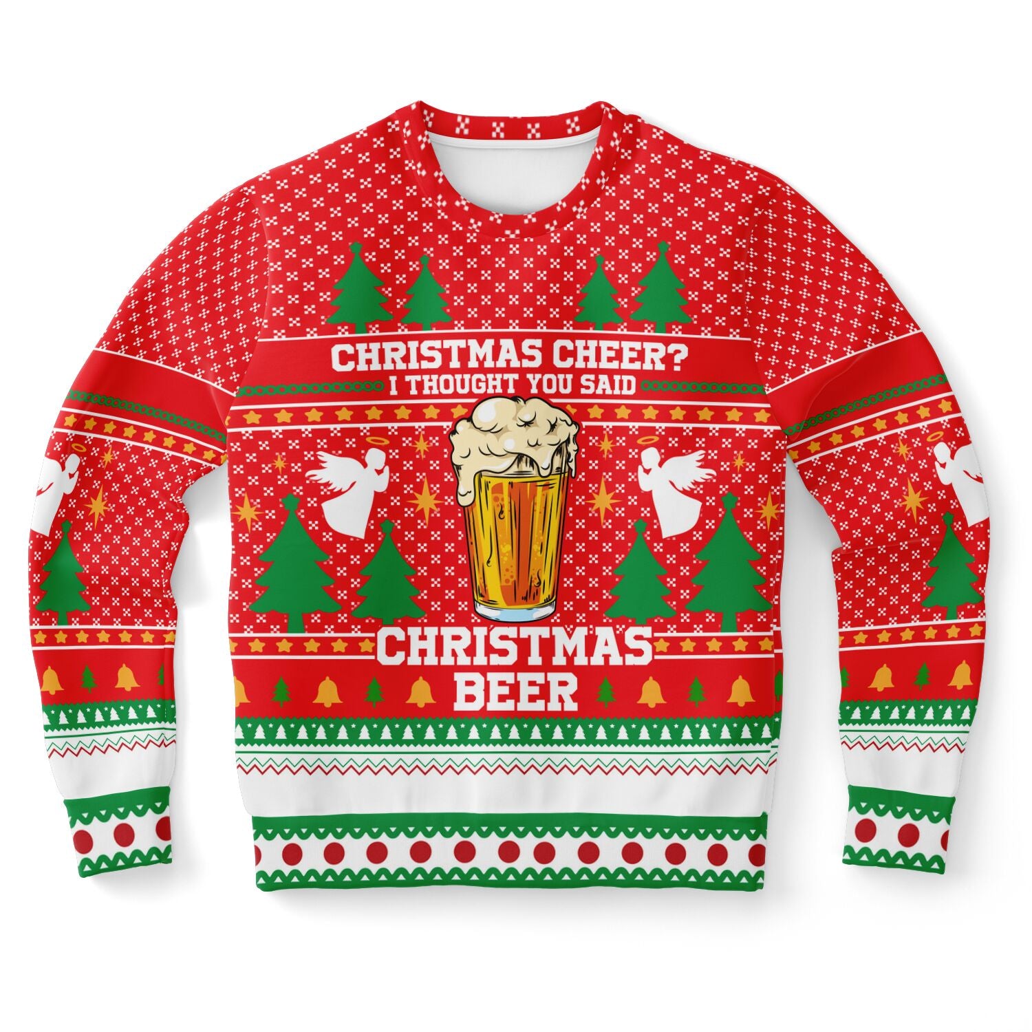 Red Christmas sweater with a frothy beer pint, text reading “Christmas Cheer? I Thought You Said Christmas Beer” — funny holiday party sweater from CollegeWares.