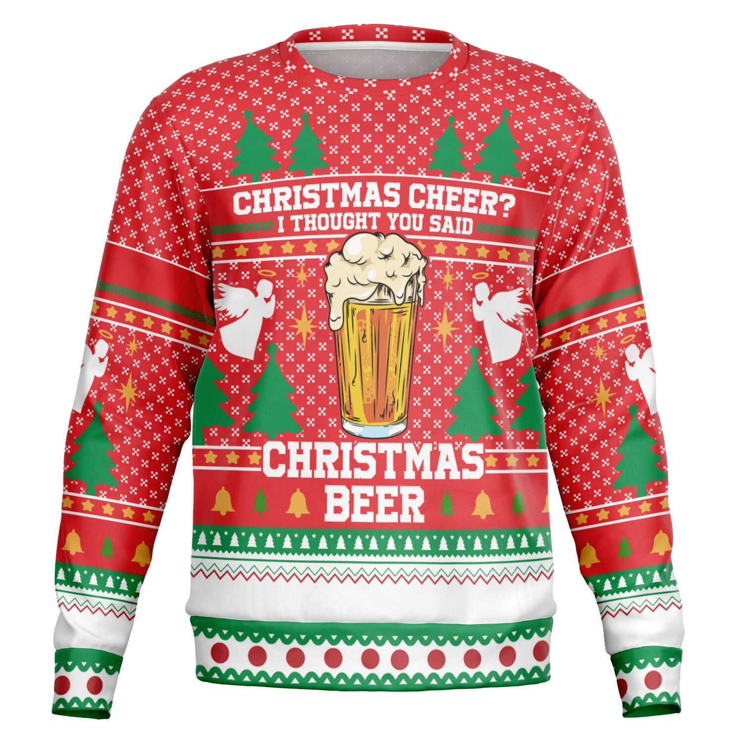 Red Christmas sweater with a frothy beer pint, text reading “Christmas Cheer? I Thought You Said Christmas Beer” — funny holiday party sweater from CollegeWares.