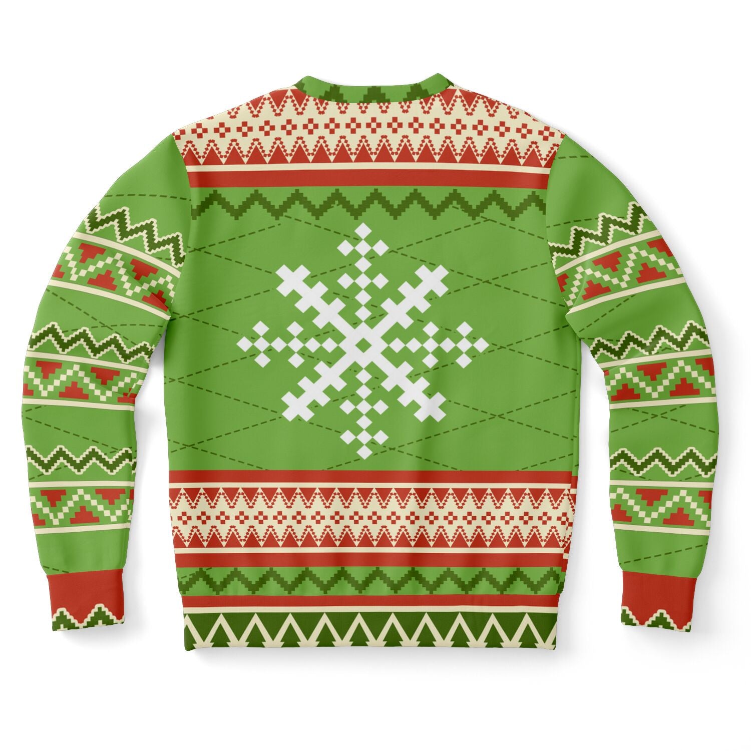 Back view of green sweater with large white pixel-style snowflake and festive trim — playful holiday design from CollegeWares.