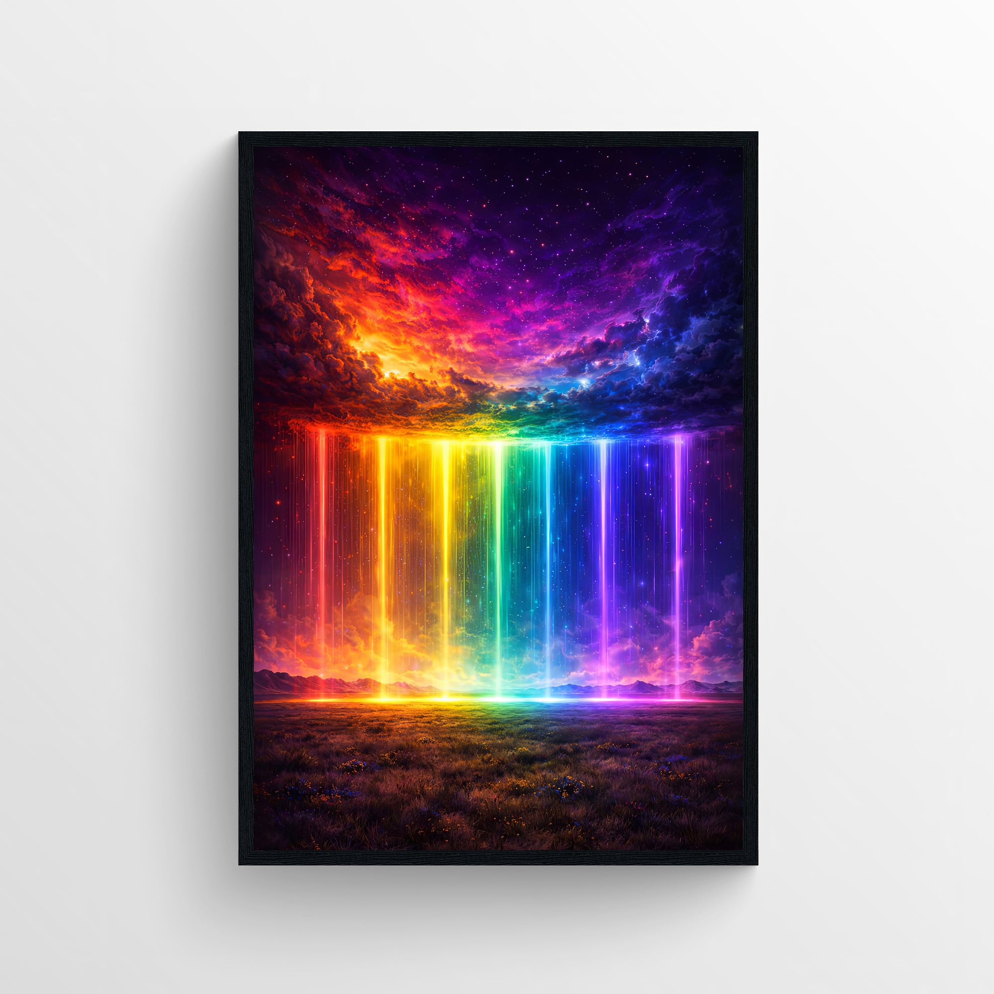 Trippy wall poster featuring a surreal storm cloud releasing vertical rainbow light beams over an open landscape — modern aesthetic room decor for college rooms, apartments, and creative studios by CollegeWares.