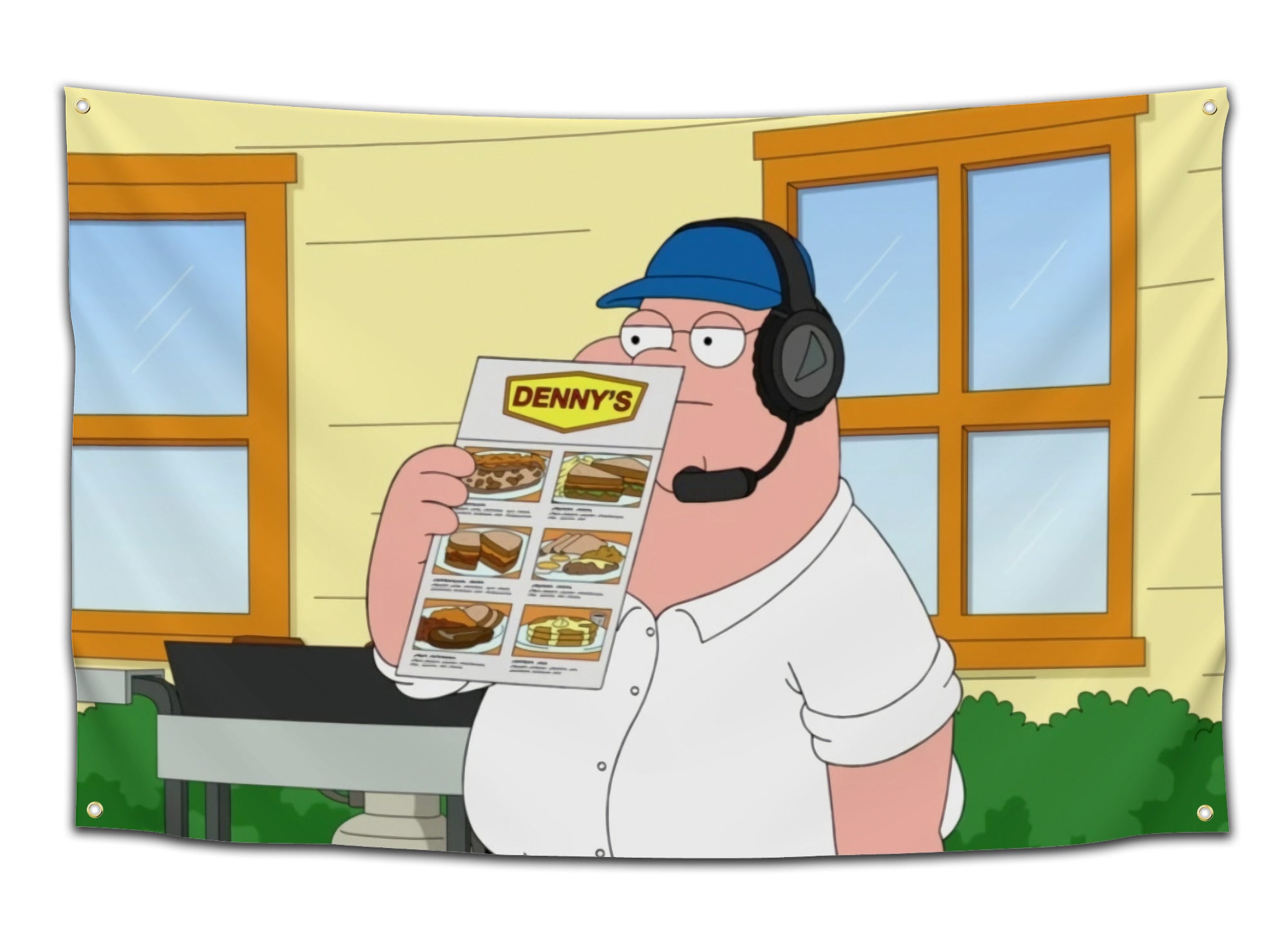 Funny Family Guy-themed flag featuring Peter Griffin wearing a headset and reading a Denny’s menu – hilarious TV show dorm flag from CollegeWares.