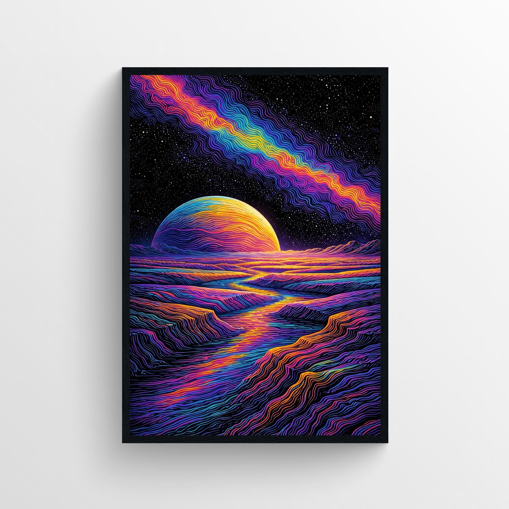Trippy wall poster featuring a surreal cosmic landscape with layered linework, a glowing planet, and flowing rainbow colors — modern aesthetic room decor for college rooms, apartments, and creative studios by CollegeWares.