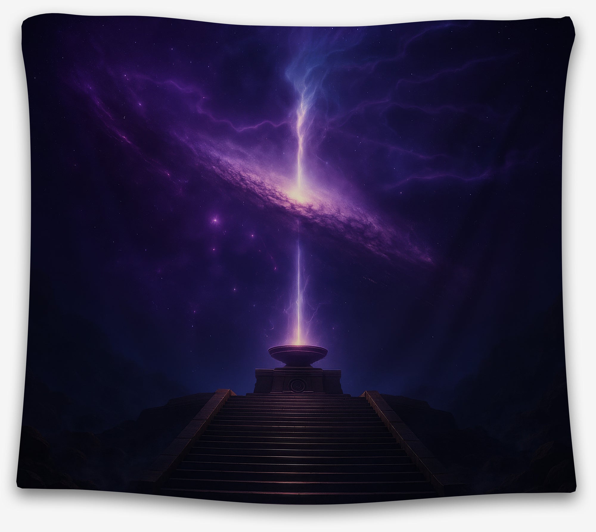 Purple cosmic tapestry with glowing energy beam and galactic sky, perfect spiritual dorm tapestry or sci-fi wall hanging by CollegeWares.