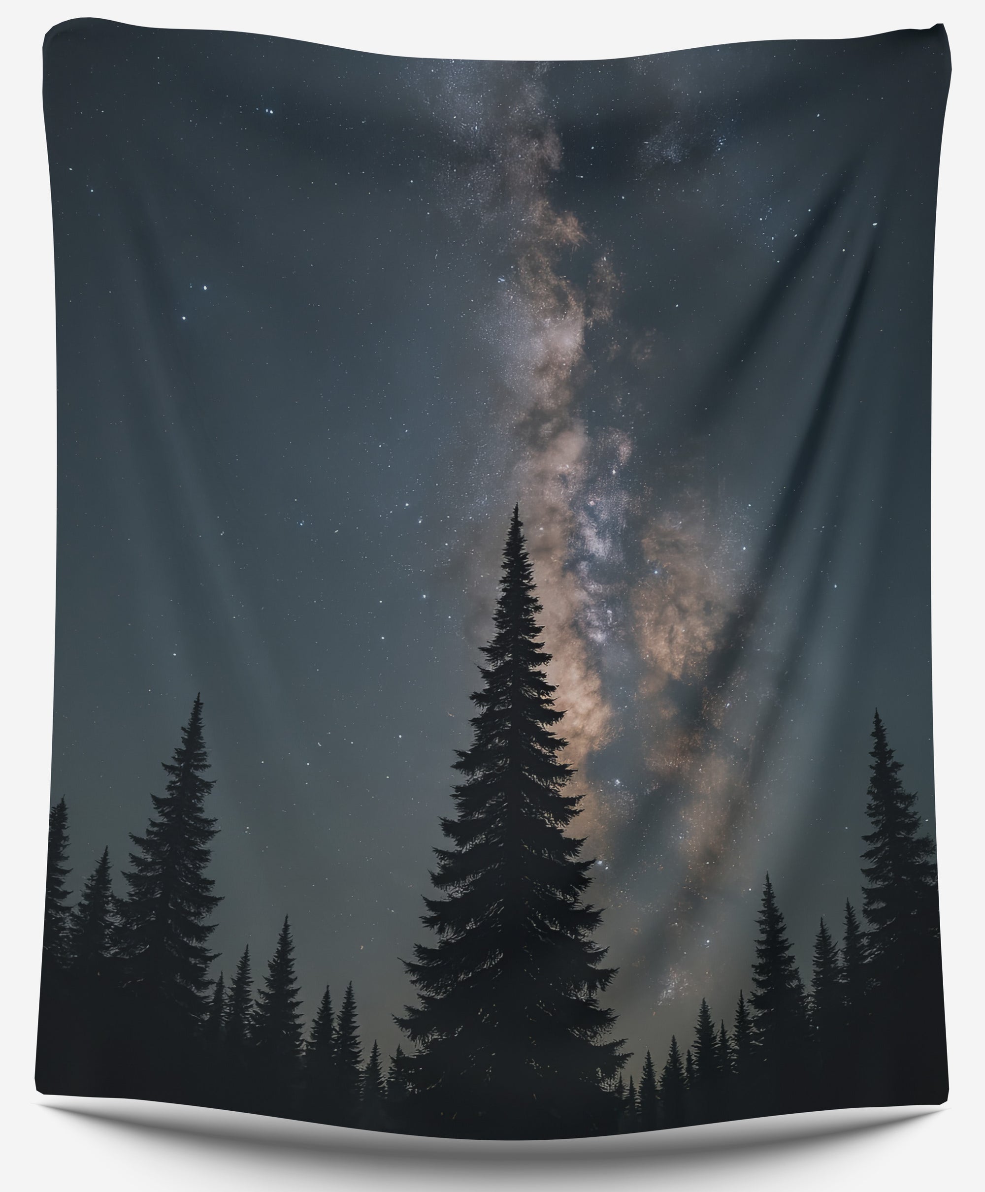 Milky Way rising above dark pine trees under night sky, creating a dreamy galaxy dorm tapestry or cosmic forest wall decor by CollegeWares.