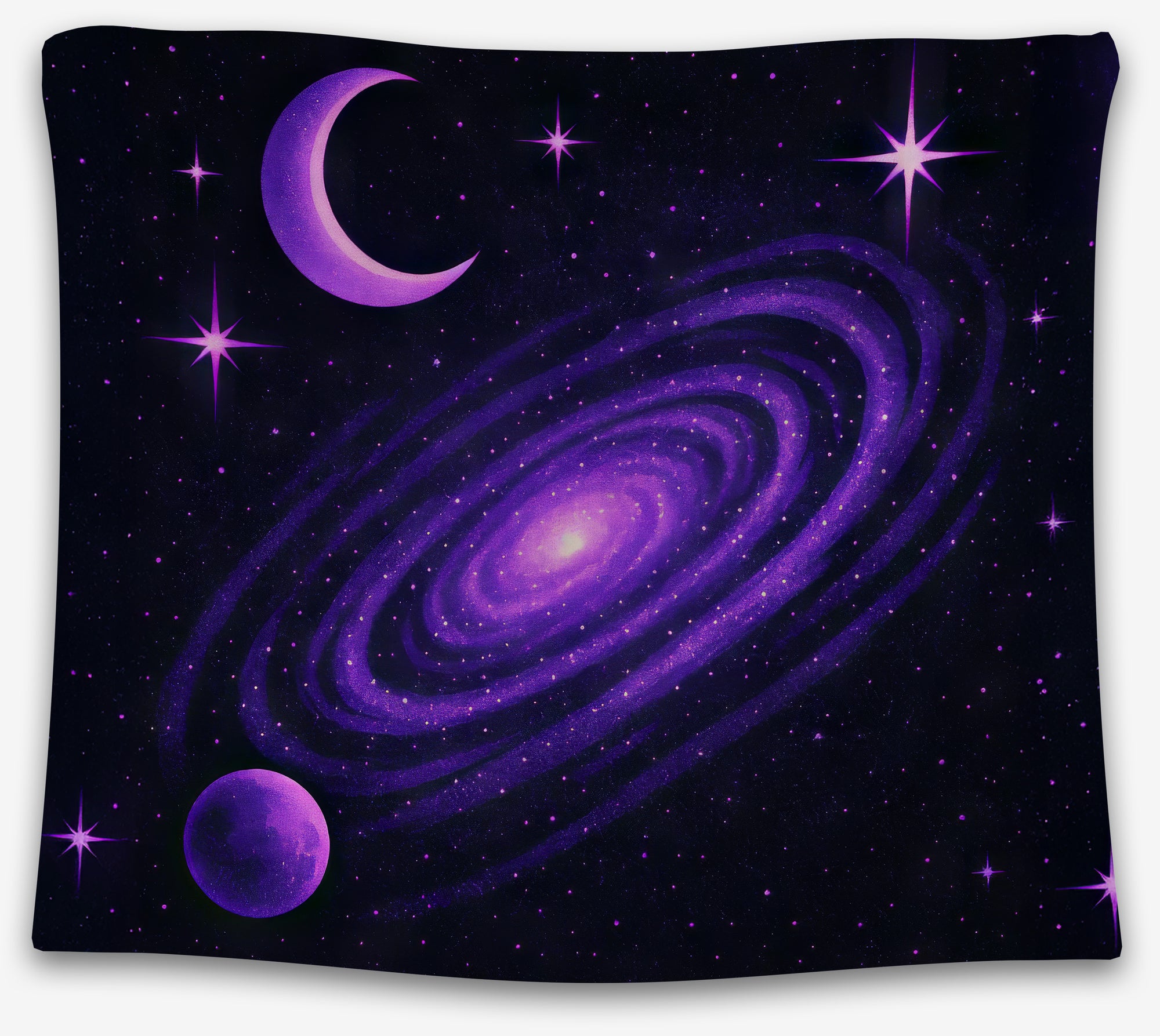 Purple galaxy tapestry with crescent moon, stars, and spiral nebula design, celestial wall hanging for dorm or bedroom decor by CollegeWares.