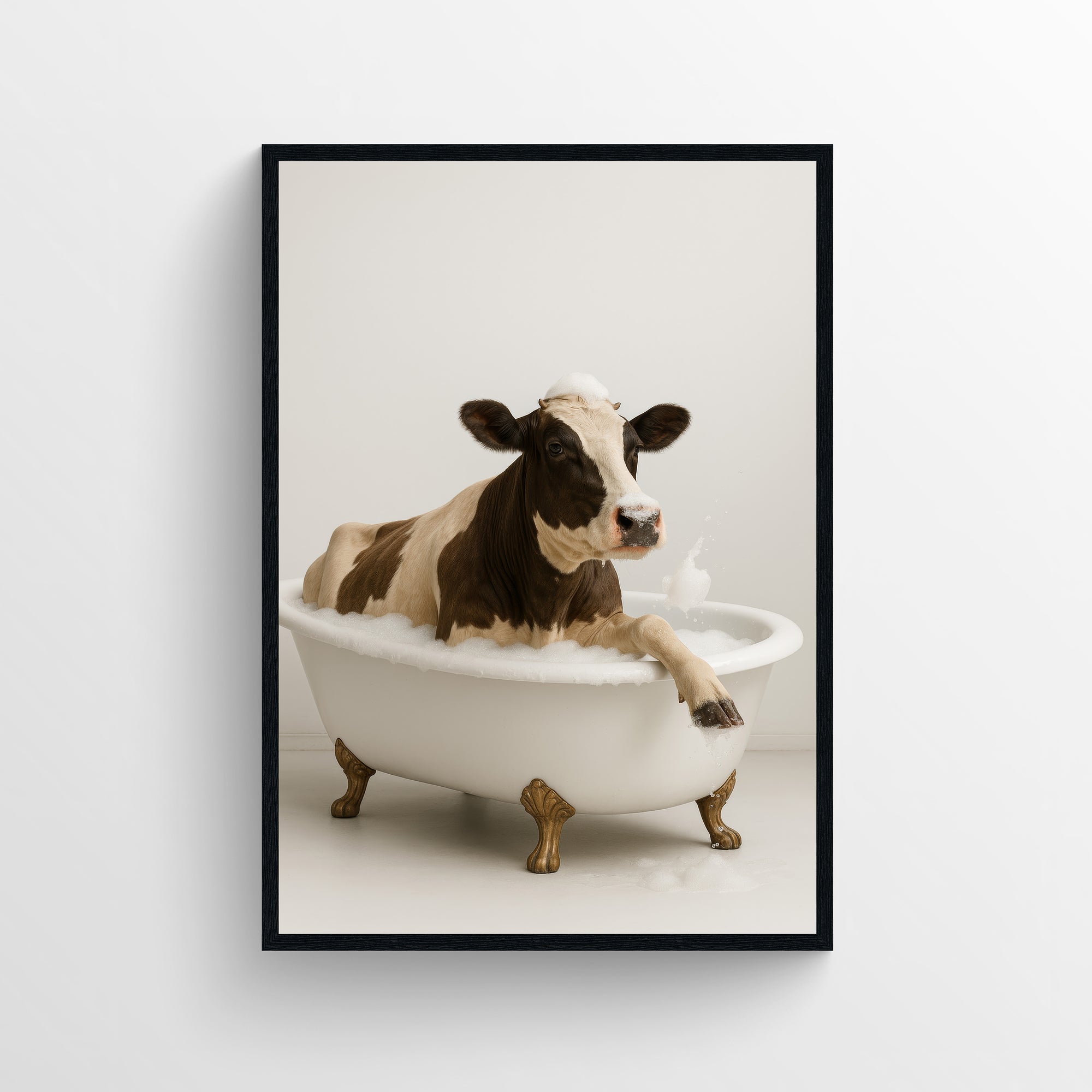 Photorealistic brown and white cow sitting in a clawfoot bathtub filled with bubbles, one hoof draped over the tub edge — minimalist animal bath wall art with subtle humor.