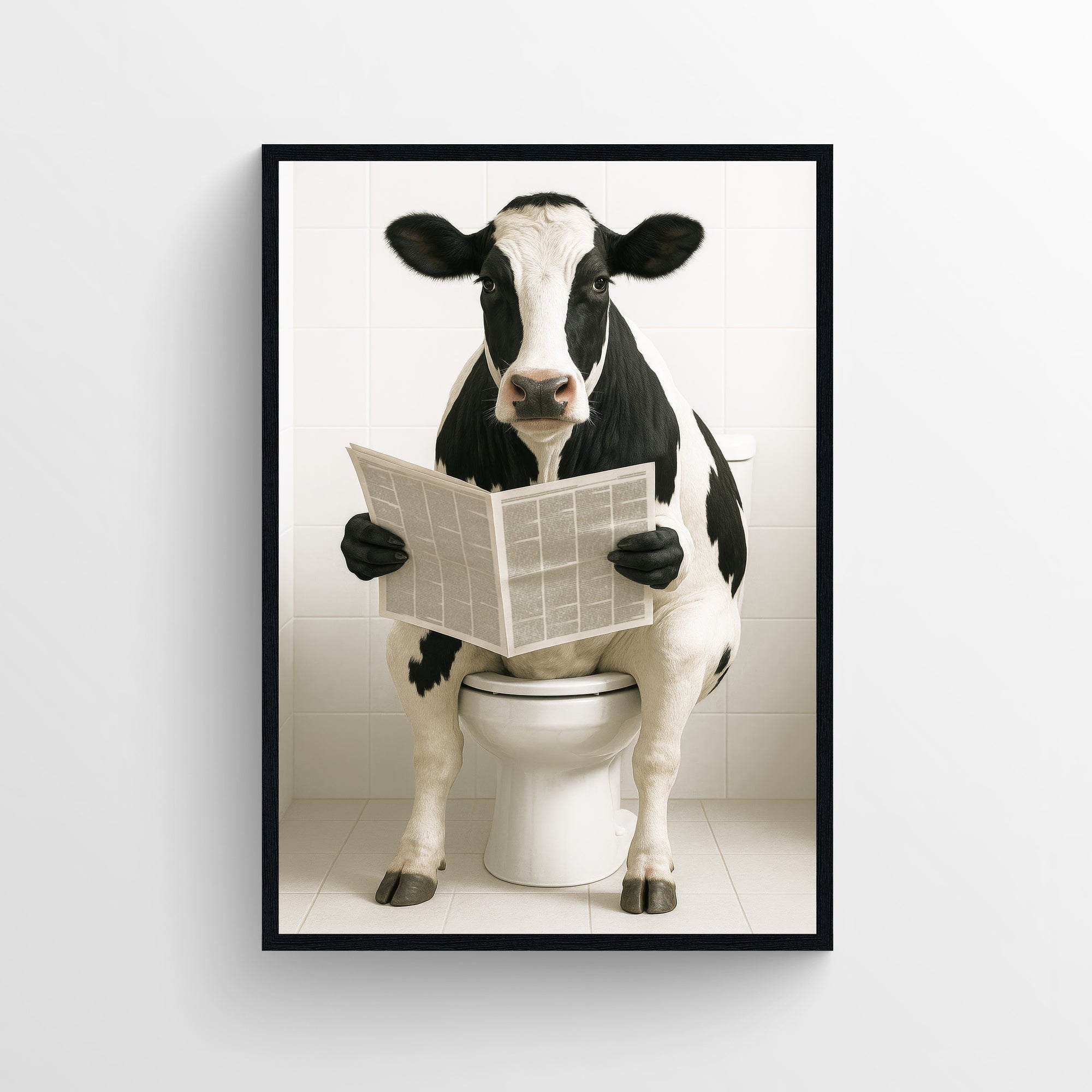 Photorealistic black and white cow sitting on a toilet reading a newspaper in a tiled bathroom — minimalist animal toilet wall art with deadpan humor and clean composition.