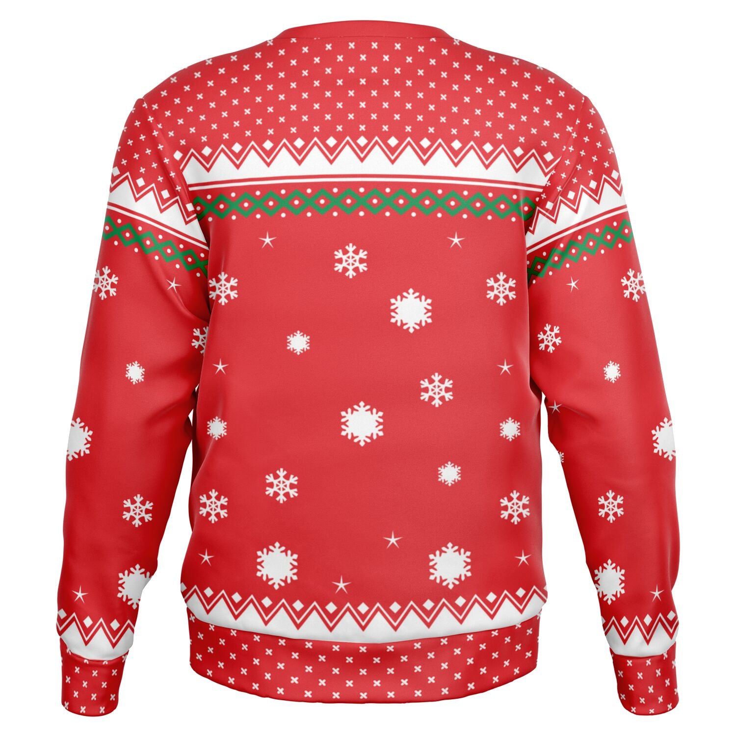 Back view of red Christmas sweater with white snowflakes and red cross-stitch patterns — festive and playful design from CollegeWares.