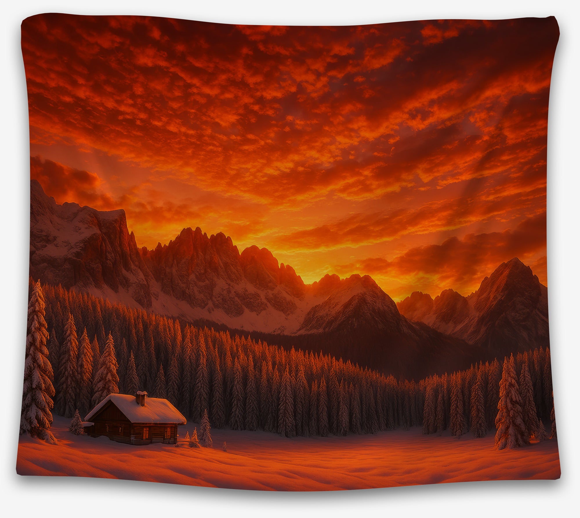 Winter mountain tapestry with fiery red sunset and snowy forest cabin, perfect cozy dorm tapestry or sunset wall hanging by CollegeWares.