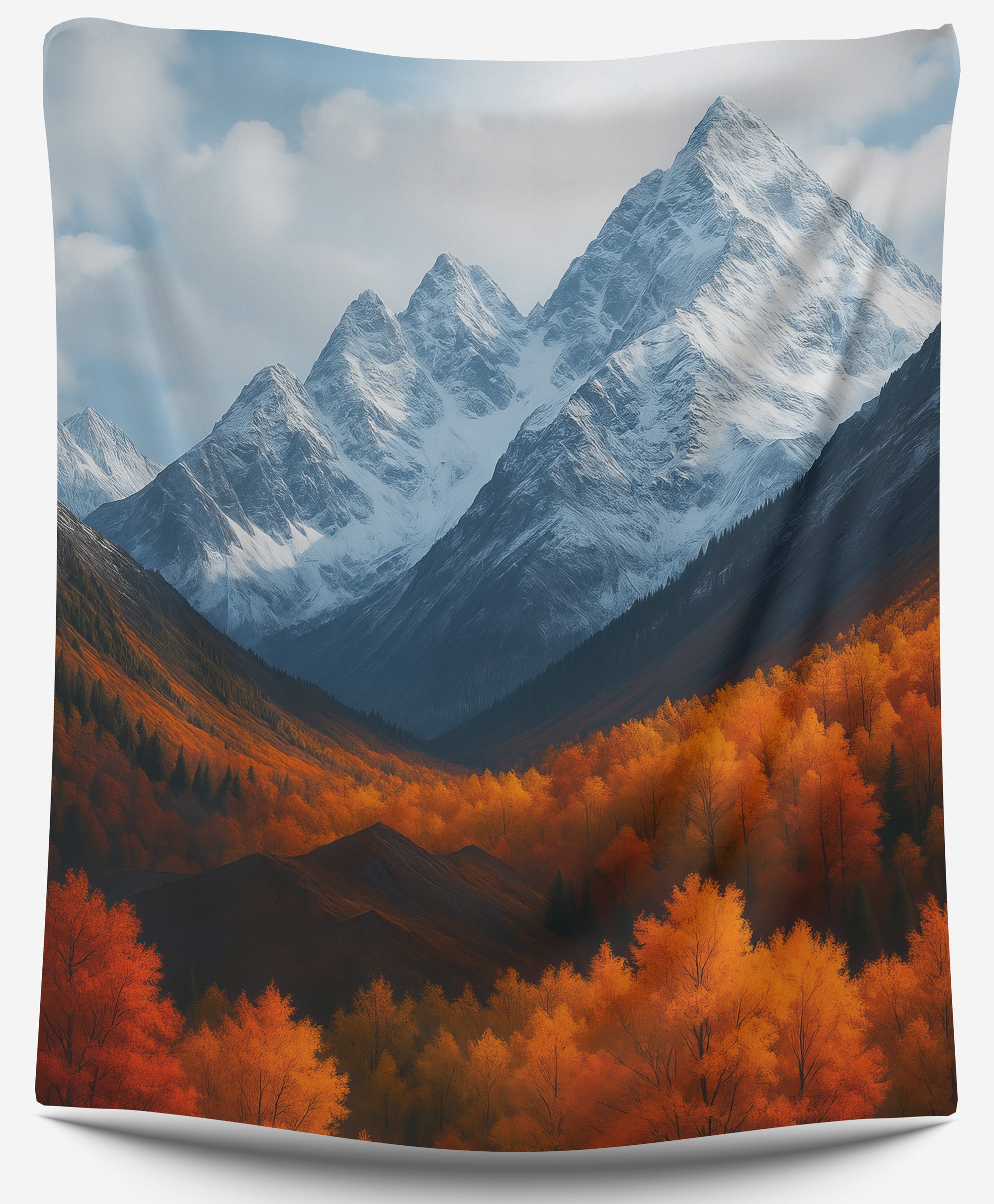 Snowy mountain range over vivid orange autumn forest, scenic landscape dorm tapestry for cozy college wall decor by CollegeWares.