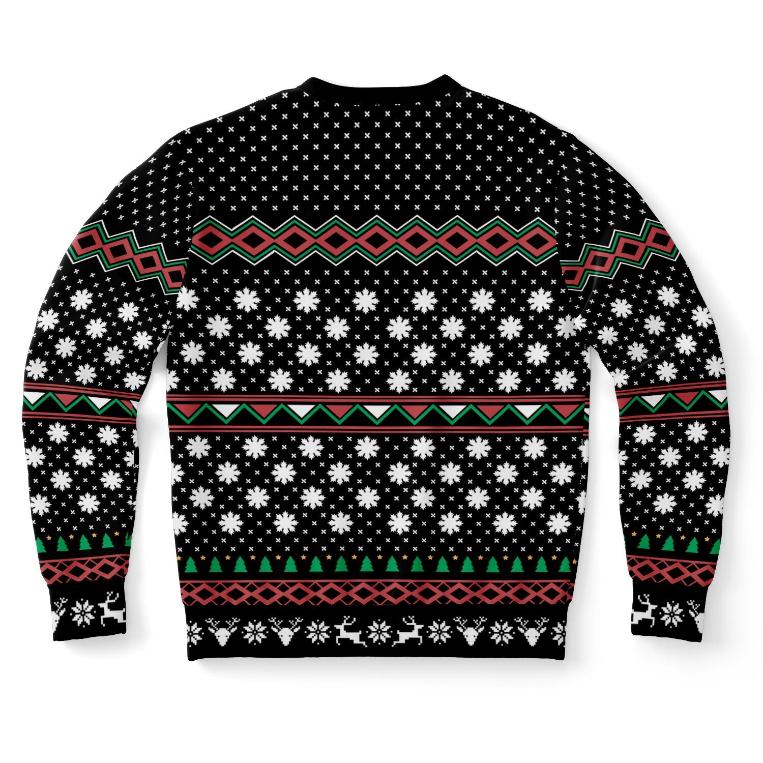 Back view of black Christmas sweater with white snowflakes and red-green geometric pattern — festive gnome-free design from CollegeWares.
