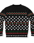 Back view of black Christmas sweater with white snowflakes and red-green geometric pattern — festive gnome-free design from CollegeWares.
