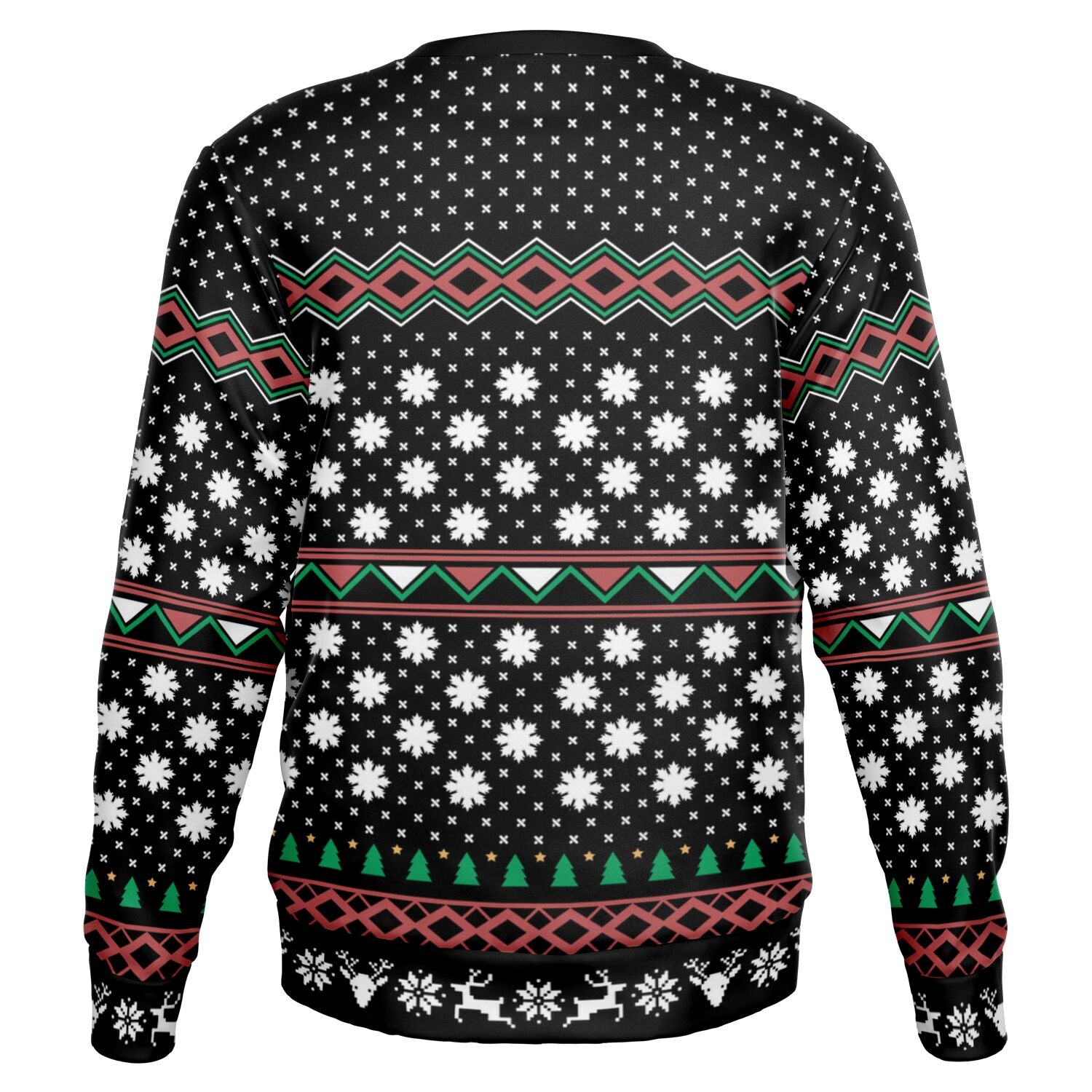 Back view of black Christmas sweater with white snowflakes and red-green geometric pattern — festive gnome-free design from CollegeWares.
