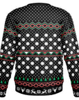 Back view of black Christmas sweater with white snowflakes and red-green geometric pattern — festive gnome-free design from CollegeWares.
