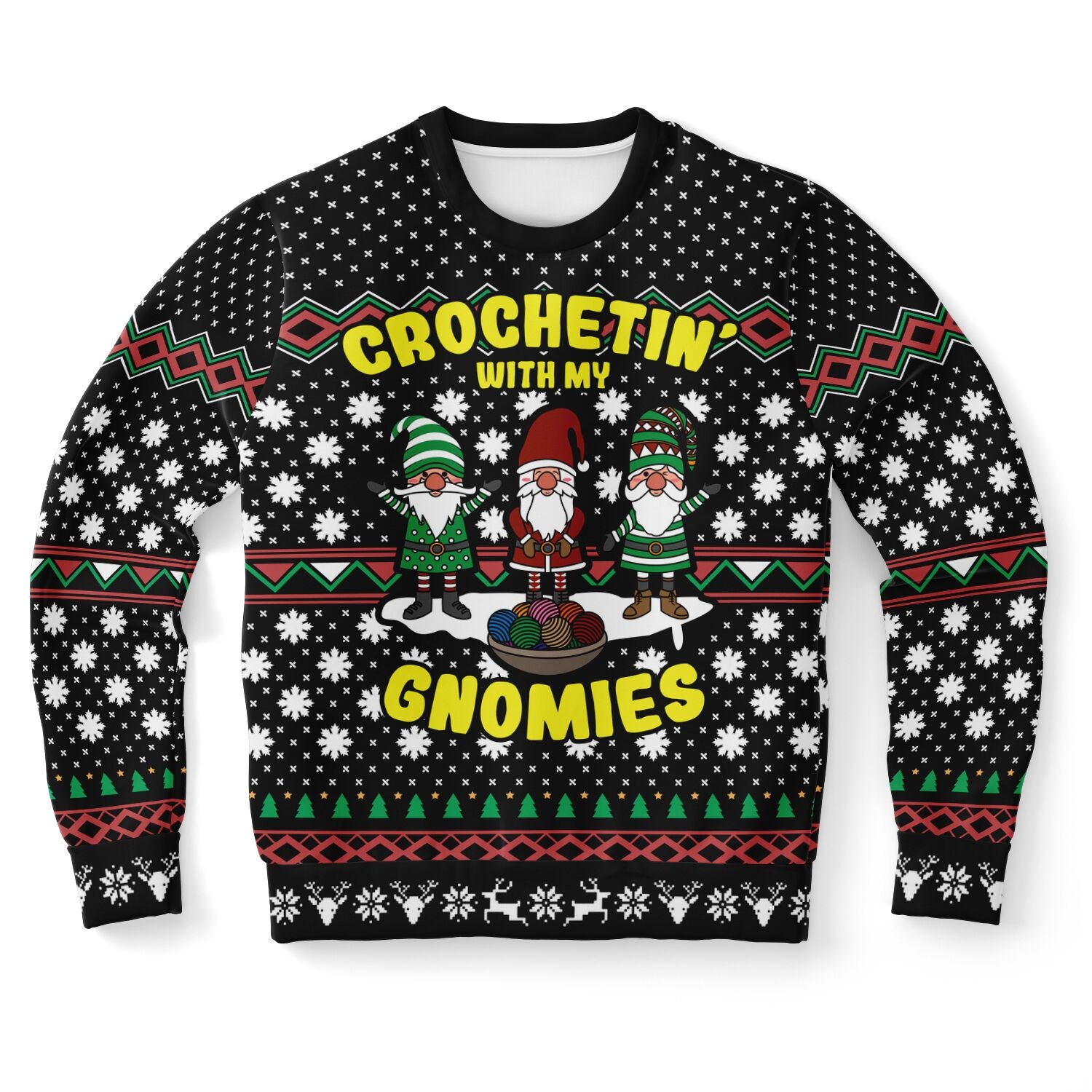 Black Christmas sweater with cartoon gnomes and “Crochetin’ With My Gnomies” text — quirky holiday knitwear from CollegeWares.