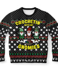 Black Christmas sweater with cartoon gnomes and “Crochetin’ With My Gnomies” text — quirky holiday knitwear from CollegeWares.