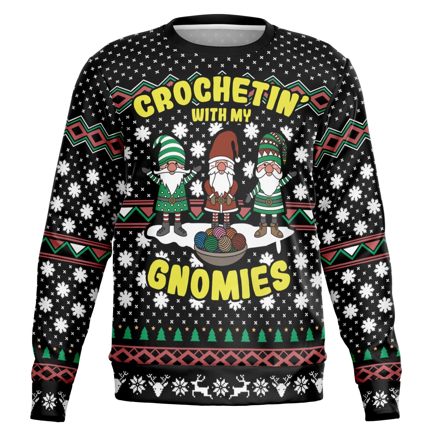 Black Christmas sweater with cartoon gnomes and “Crochetin’ With My Gnomies” text — quirky holiday knitwear from CollegeWares.