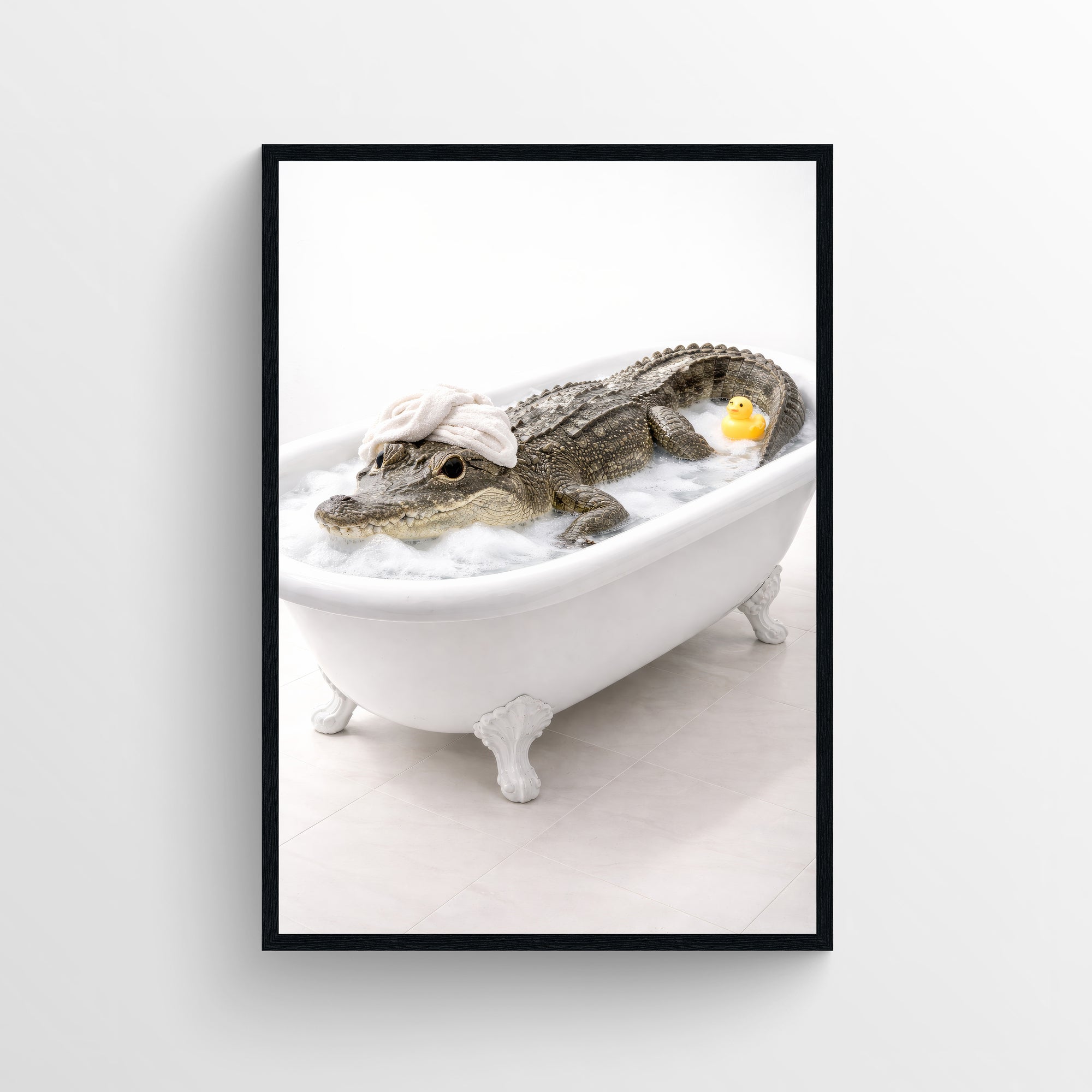 Photorealistic crocodile relaxing in a white clawfoot bathtub with bubbles, a towel on its head and a yellow rubber duck floating nearby — humorous animal bath wall art with minimalist styling.