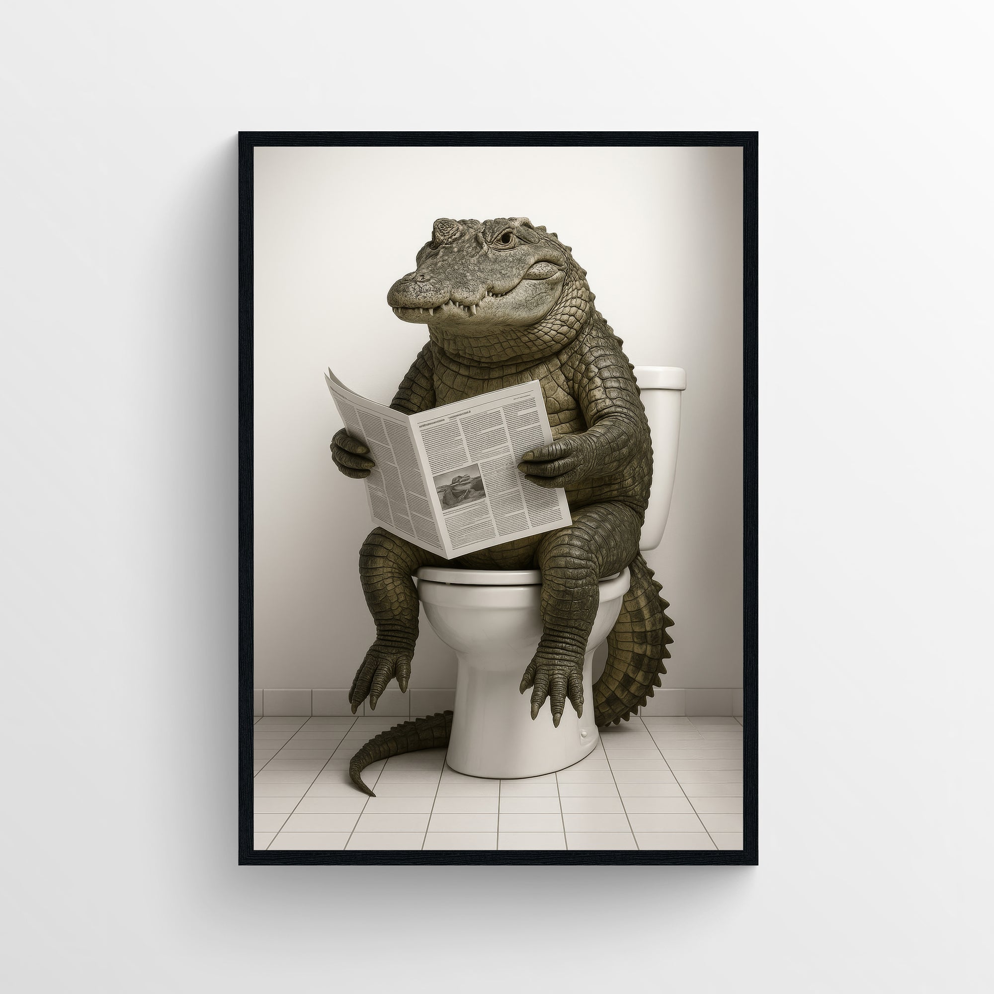 Hyper-realistic crocodile sitting on a toilet reading a newspaper against a neutral tiled bathroom background — humorous animal toilet poster with minimalist bathroom decor styling from CollegeWares.