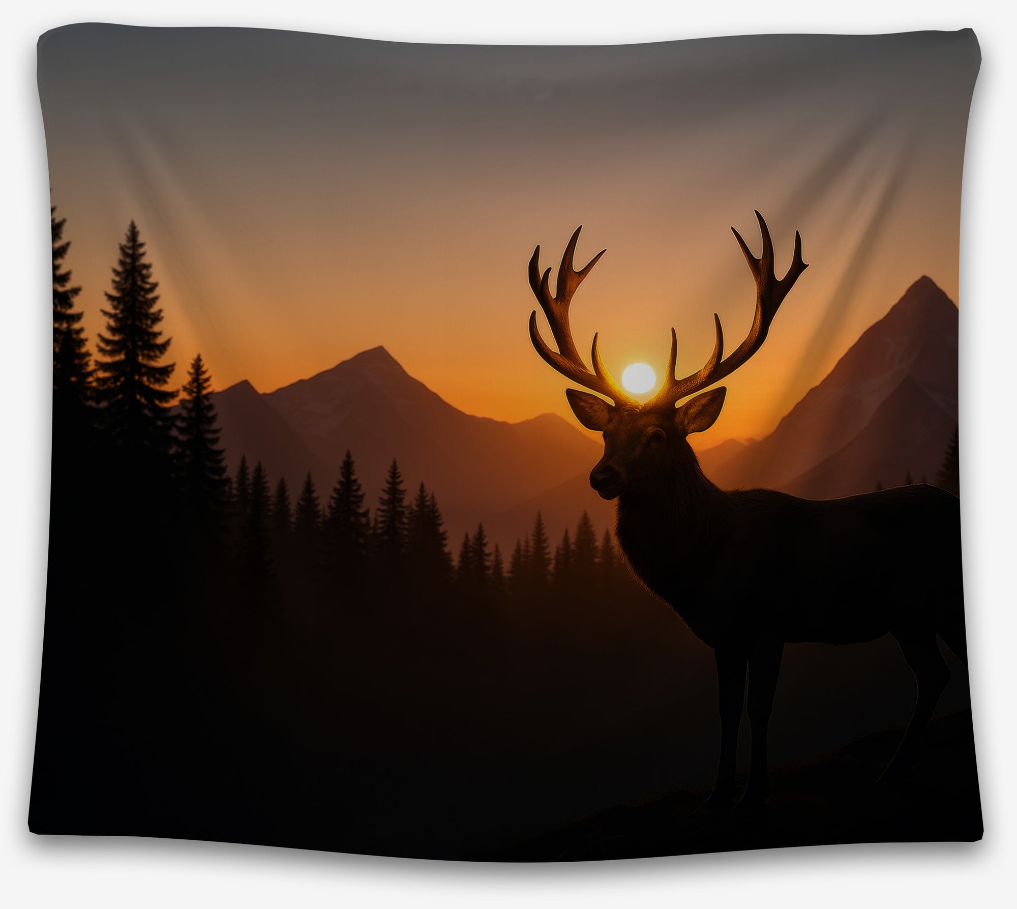 Sunset mountain tapestry with a deer silhouette crowned by the sun, perfect nature aesthetic dorm tapestry or rustic college wall hanging by CollegeWares.