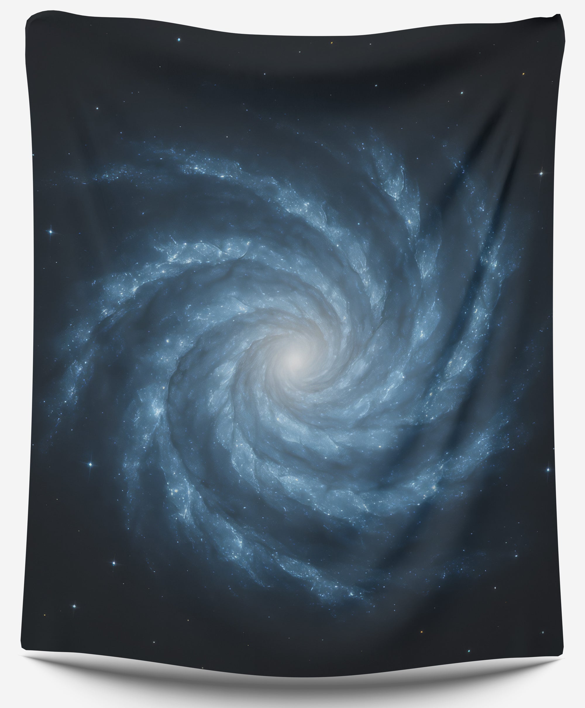Blue spiral galaxy tapestry with glowing white core and star-filled night sky, cosmic space wall art by CollegeWares.