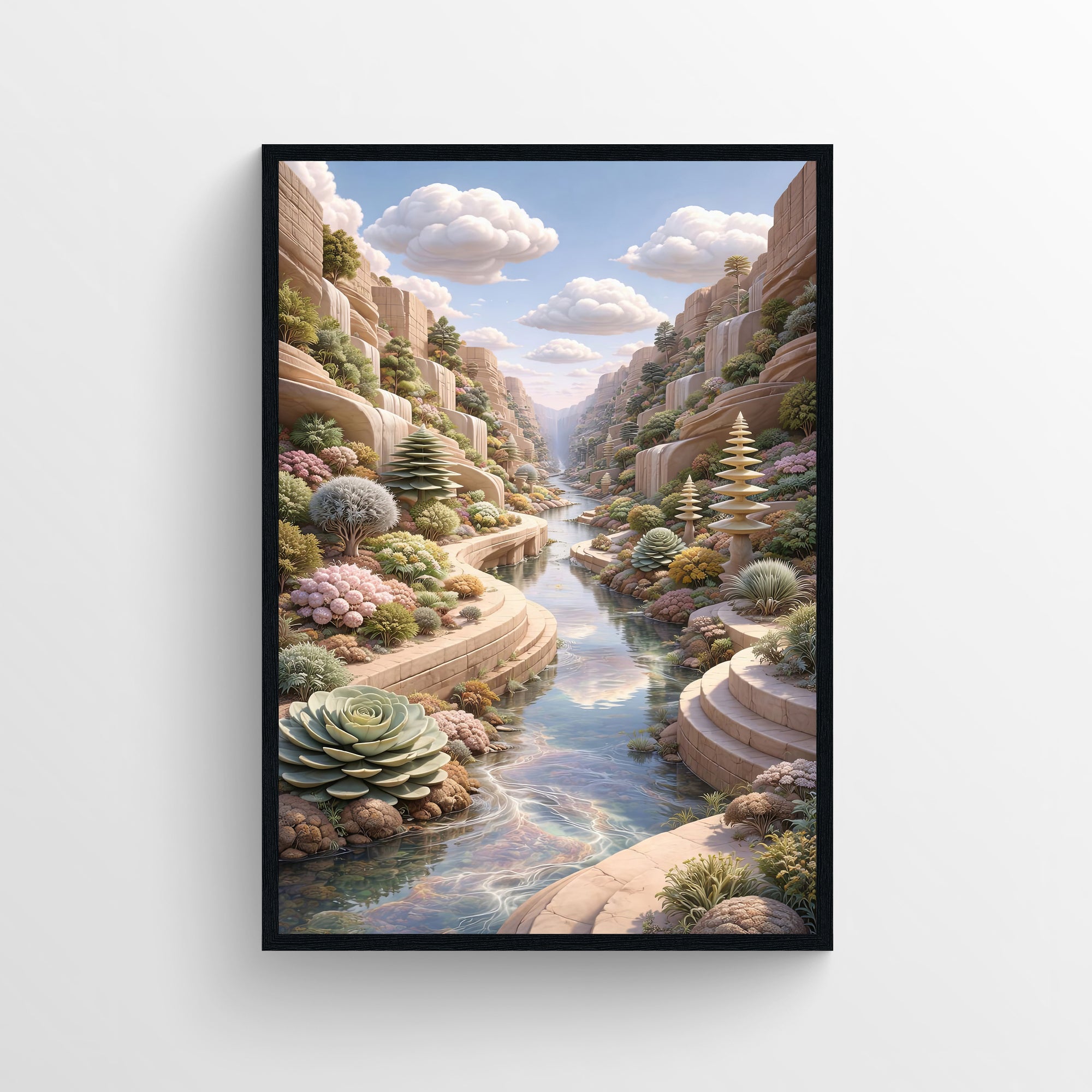 Surreal landscape wall poster featuring a sculpted canyon with flowing water, layered stone paths, and curated greenery — trippy wall poster and modern aesthetic room decor for college rooms, apartments, and creative studios by CollegeWares.