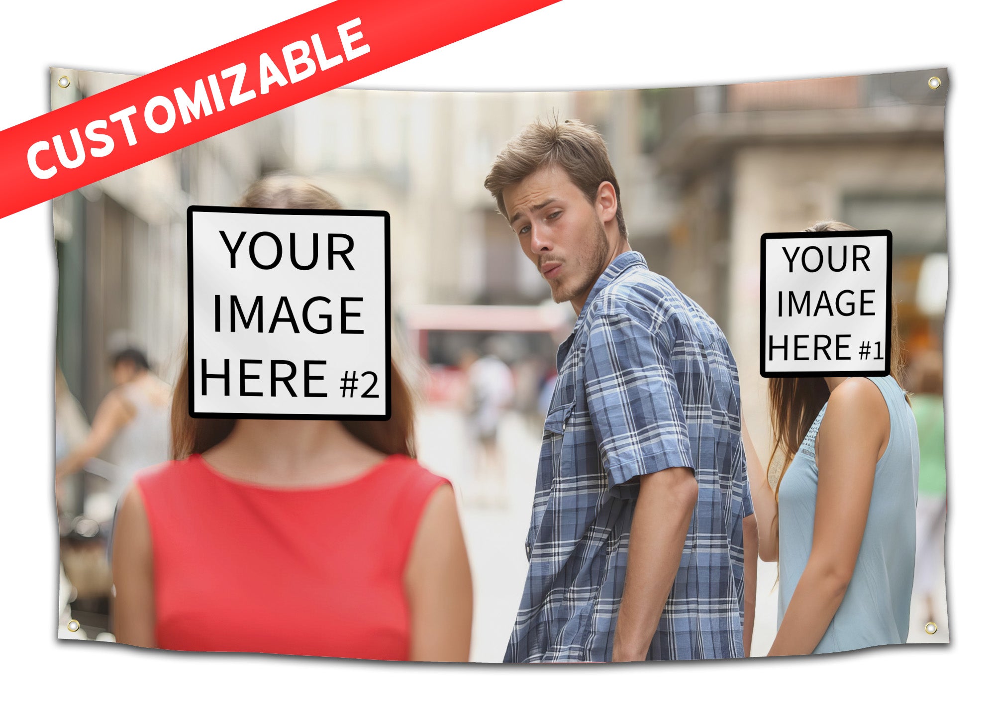 Customizable “Distracted Boyfriend” meme flag showing a man turning toward another woman while holding his girlfriend’s hand, with editable face areas for personal images — funny college dorm meme flag from CollegeWares.