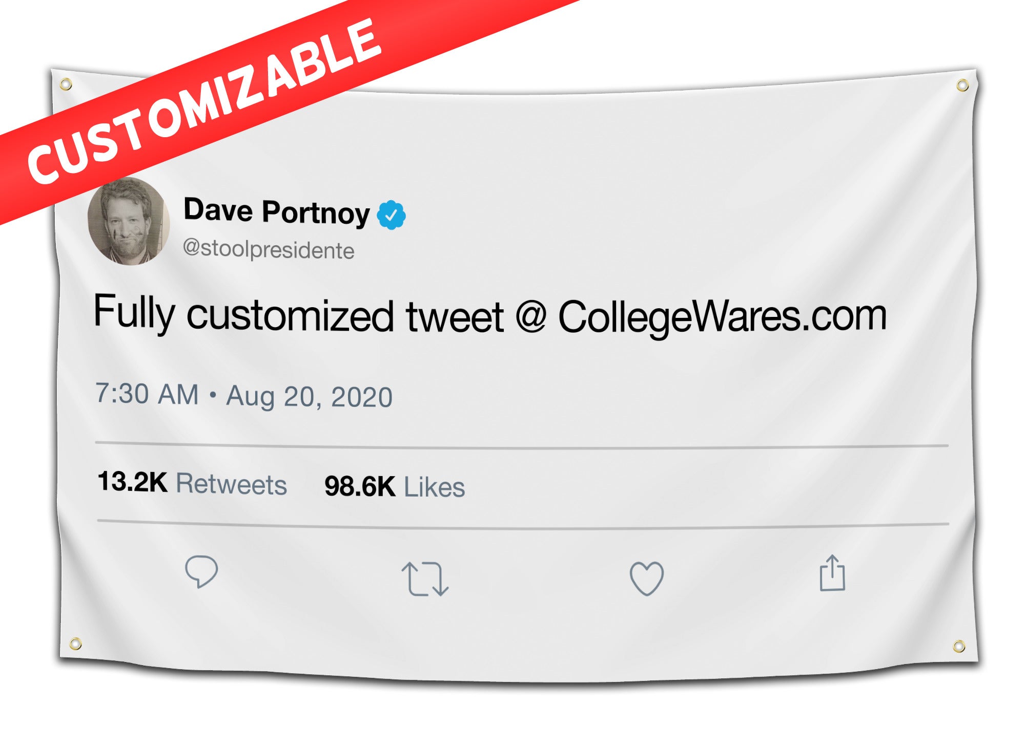 Customizable tweet-style flag featuring a social media post format with editable text – funny custom dorm flag from CollegeWares.