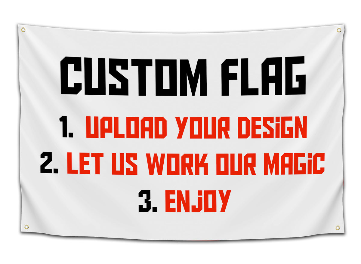Custom printed 3x5 flag on white background featuring bold step-by-step instructions: upload your design, let us create it, and enjoy. Smooth fabric, grommets in each corner.