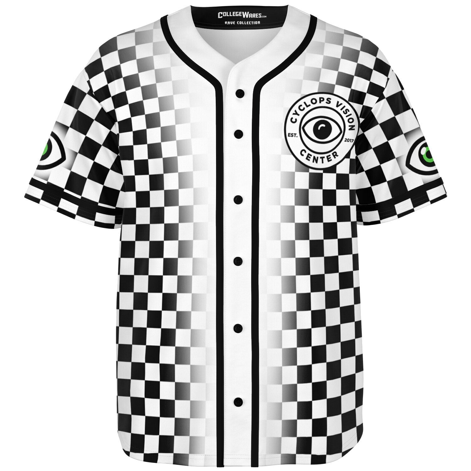 Front of a black-and-white checkerboard EDM baseball jersey with a gradient fade toward the center, featuring a circular “Cyclops Vision Center” crest on the left chest with a bold black single eye logo in the middle. Buttons run down the center with clean black piping. Sleeves include green-and-black single-eye patches on each arm. CollegeWares Rave Collection tag visible inside collar.