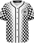 Front of a black-and-white checkerboard EDM baseball jersey with a gradient fade toward the center, featuring a circular “Cyclops Vision Center” crest on the left chest with a bold black single eye logo in the middle. Buttons run down the center with clean black piping. Sleeves include green-and-black single-eye patches on each arm. CollegeWares Rave Collection tag visible inside collar.
