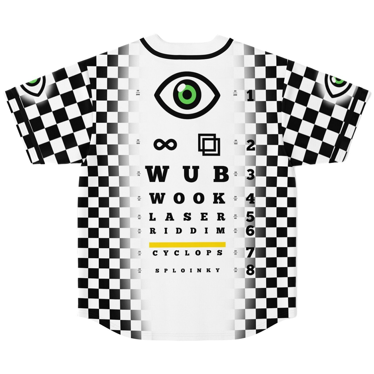 Back of a black-and-white checkerboard EDM jersey with a vertical eye-chart parody in the center. The top features a large green cyclops eye icon followed by symbols (infinity sign and overlapping squares). Below it are stacked words decreasing in size: “WUB,” “WOOK,” “LASER,” “RIDDIM,” and a yellow-underlined “CYCLOPS,” ending with “SPLOINKY.” Checkerboard panels flank both sides and eye patches sit on each sleeve.